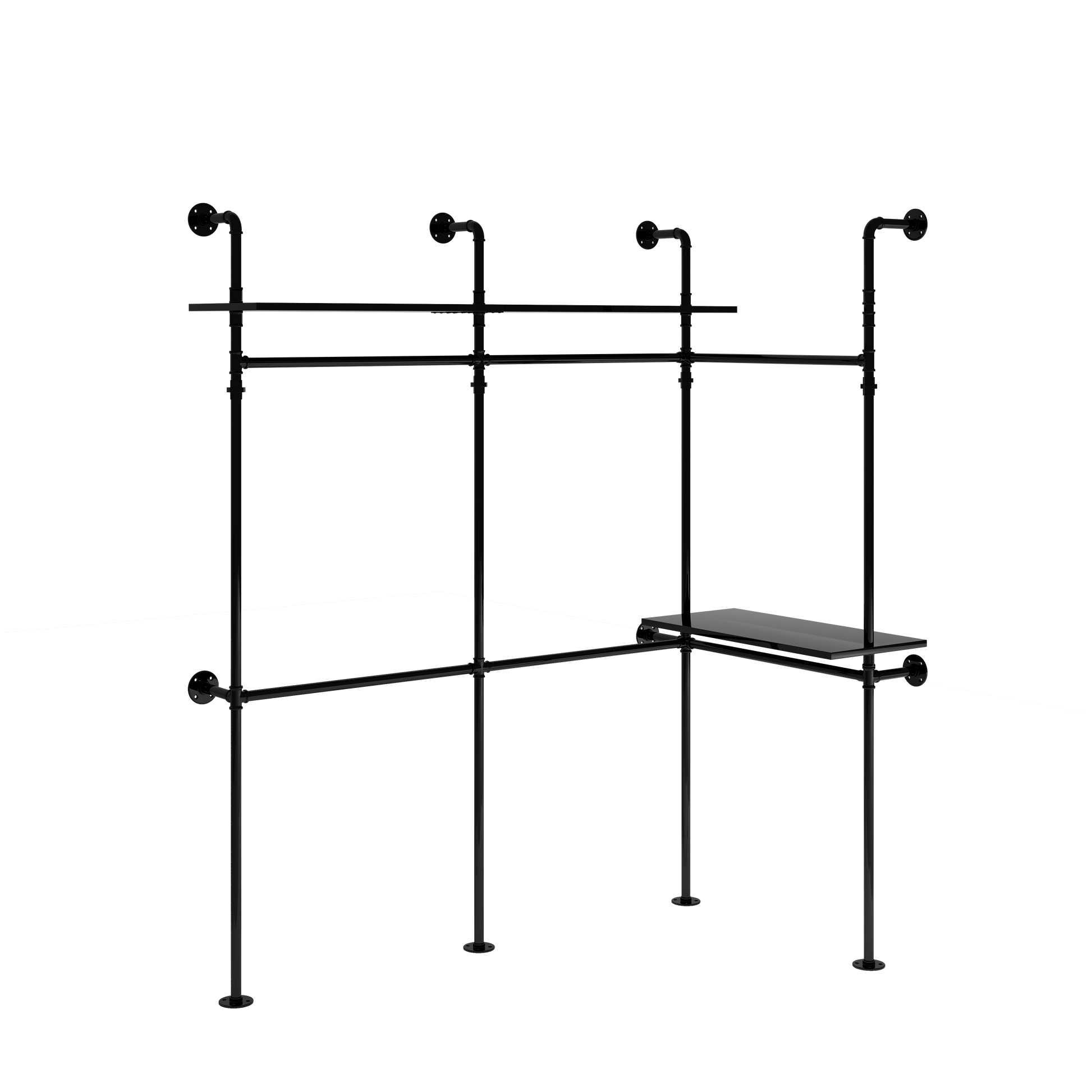 Black industrial pipe garment rack with shelves and hanging rail