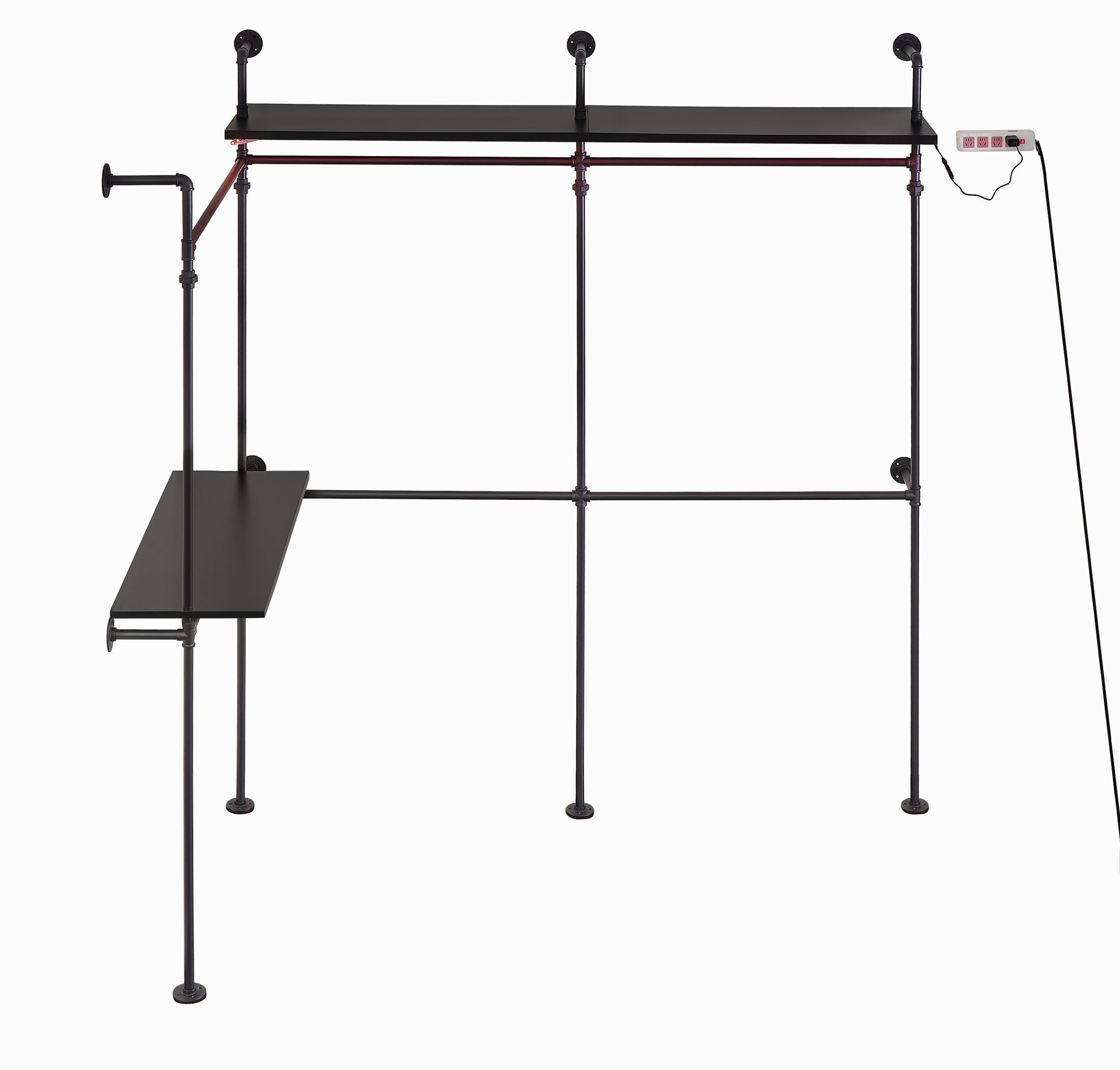 Industrial pipe desk with hanging garment rack