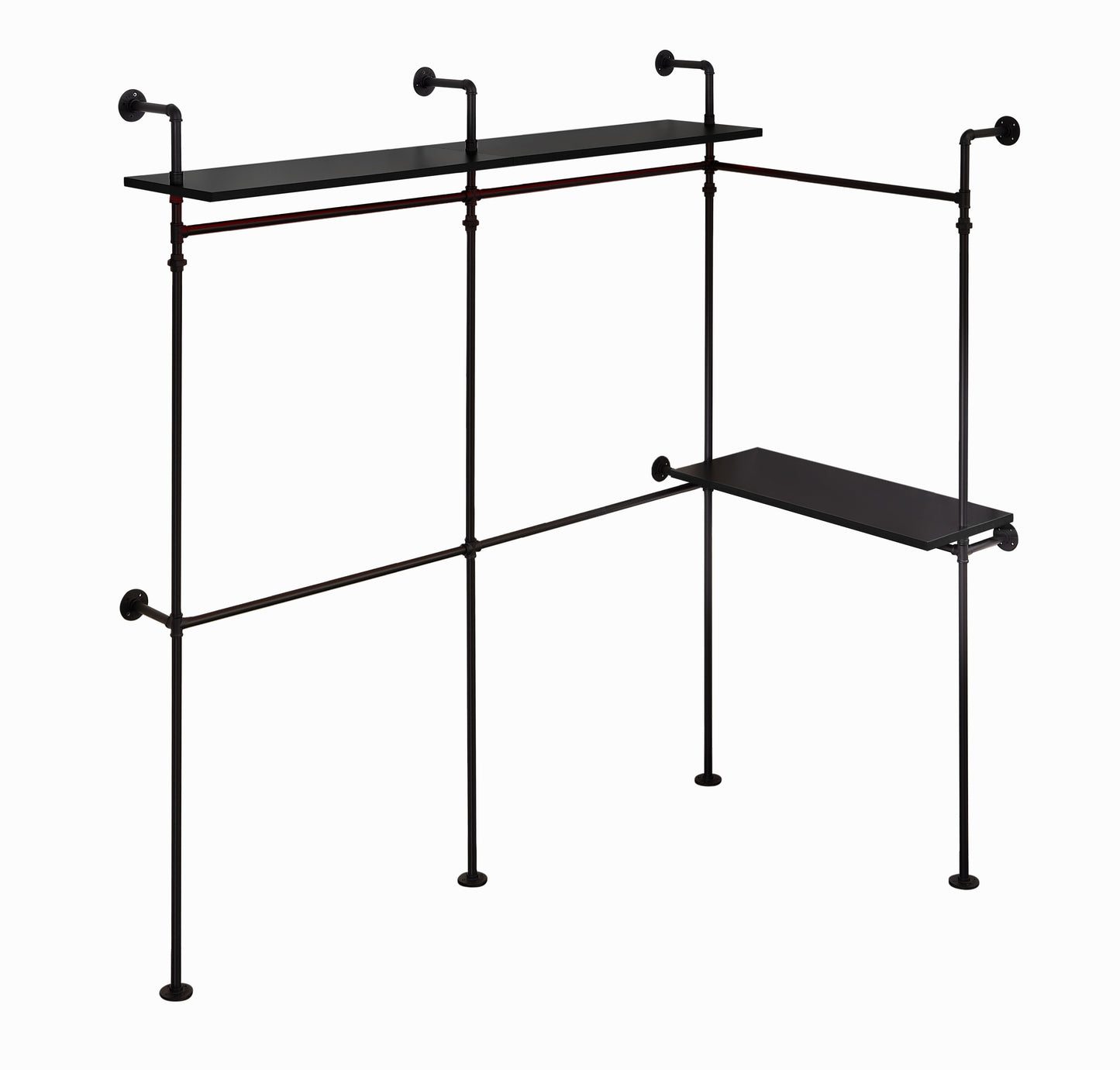 Black industrial pipe garment rack with two shelves