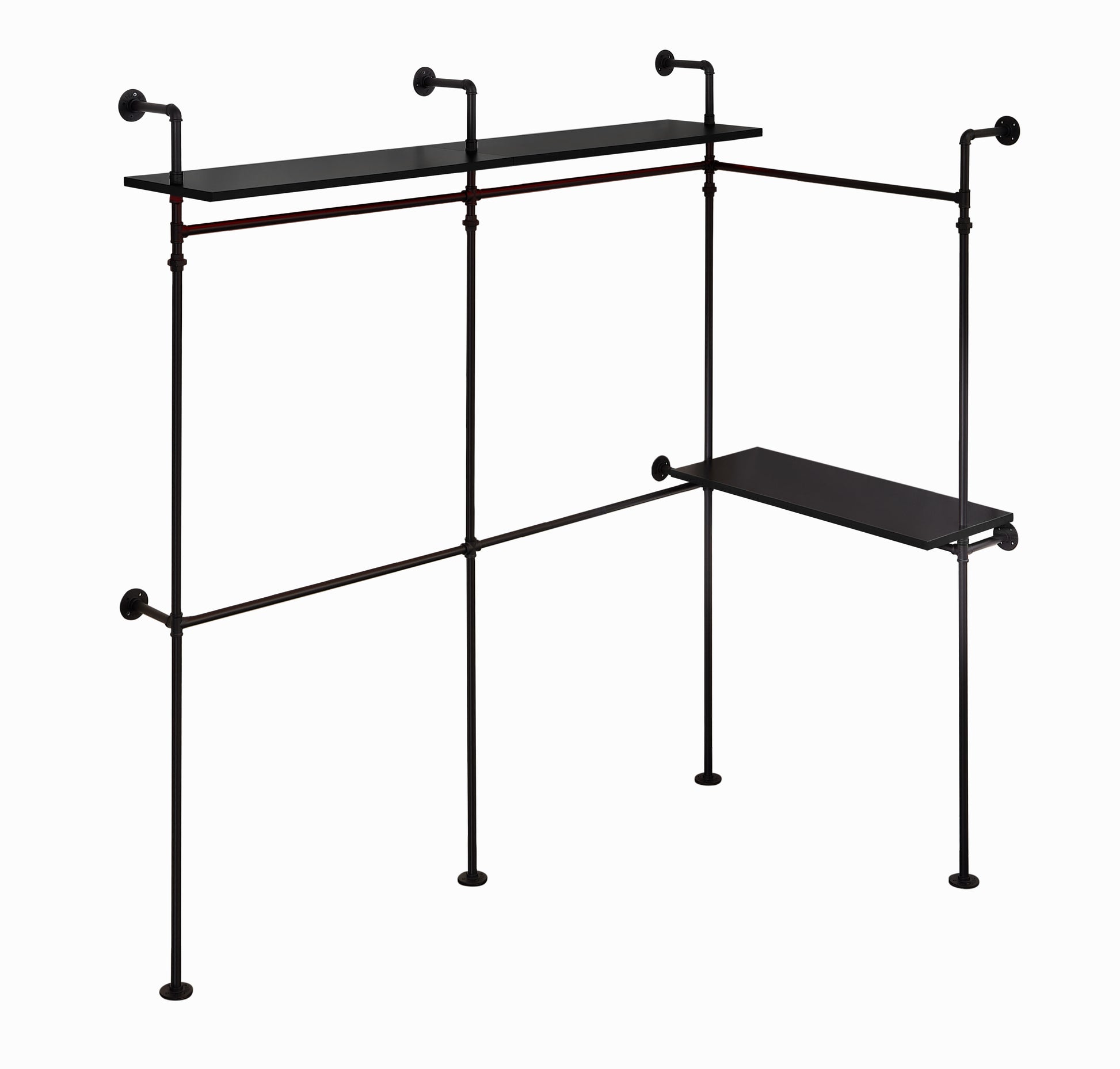 Black industrial pipe garment rack with two shelves