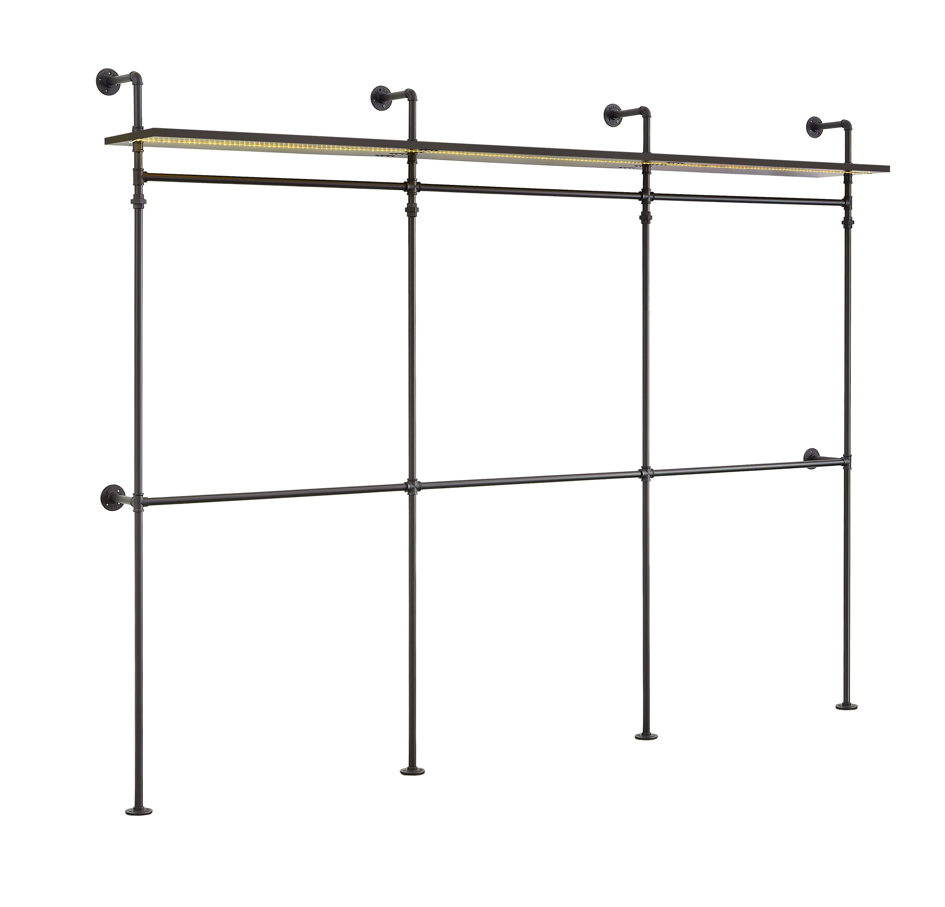 Industrial pipe clothing rack with shelf and LED lighting