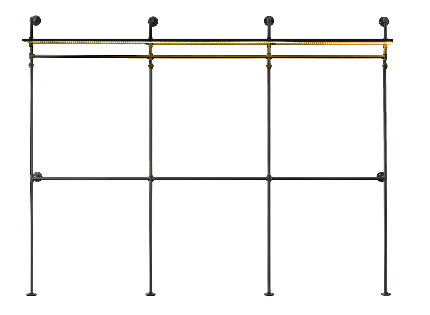 Industrial pipe clothing rack with double hanging rods and integrated LED shelf lighting
