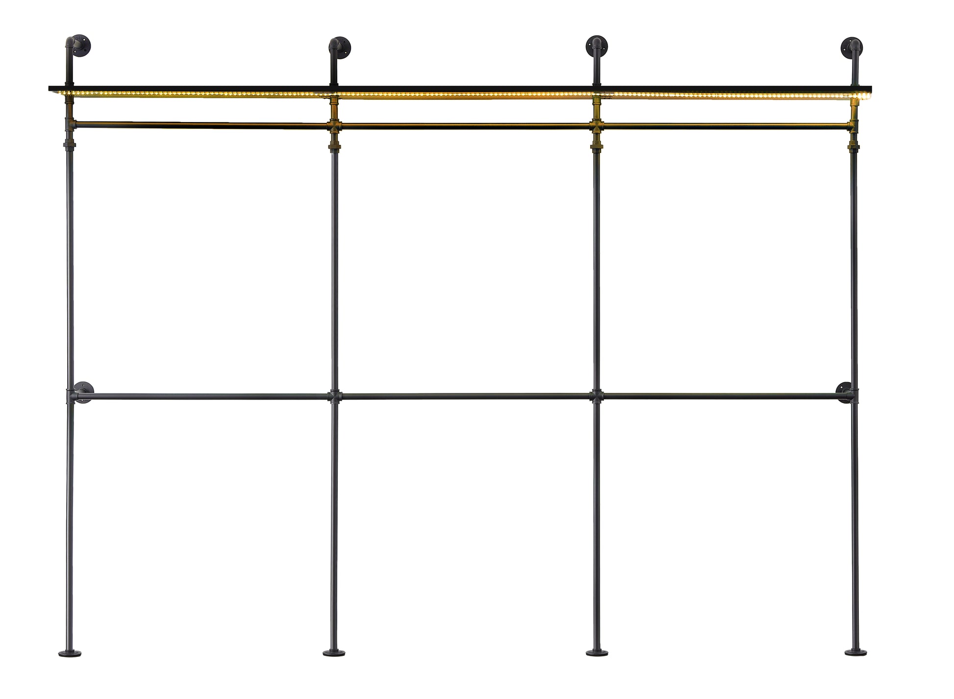 Industrial pipe clothing rack with double hanging rods and integrated LED shelf lighting