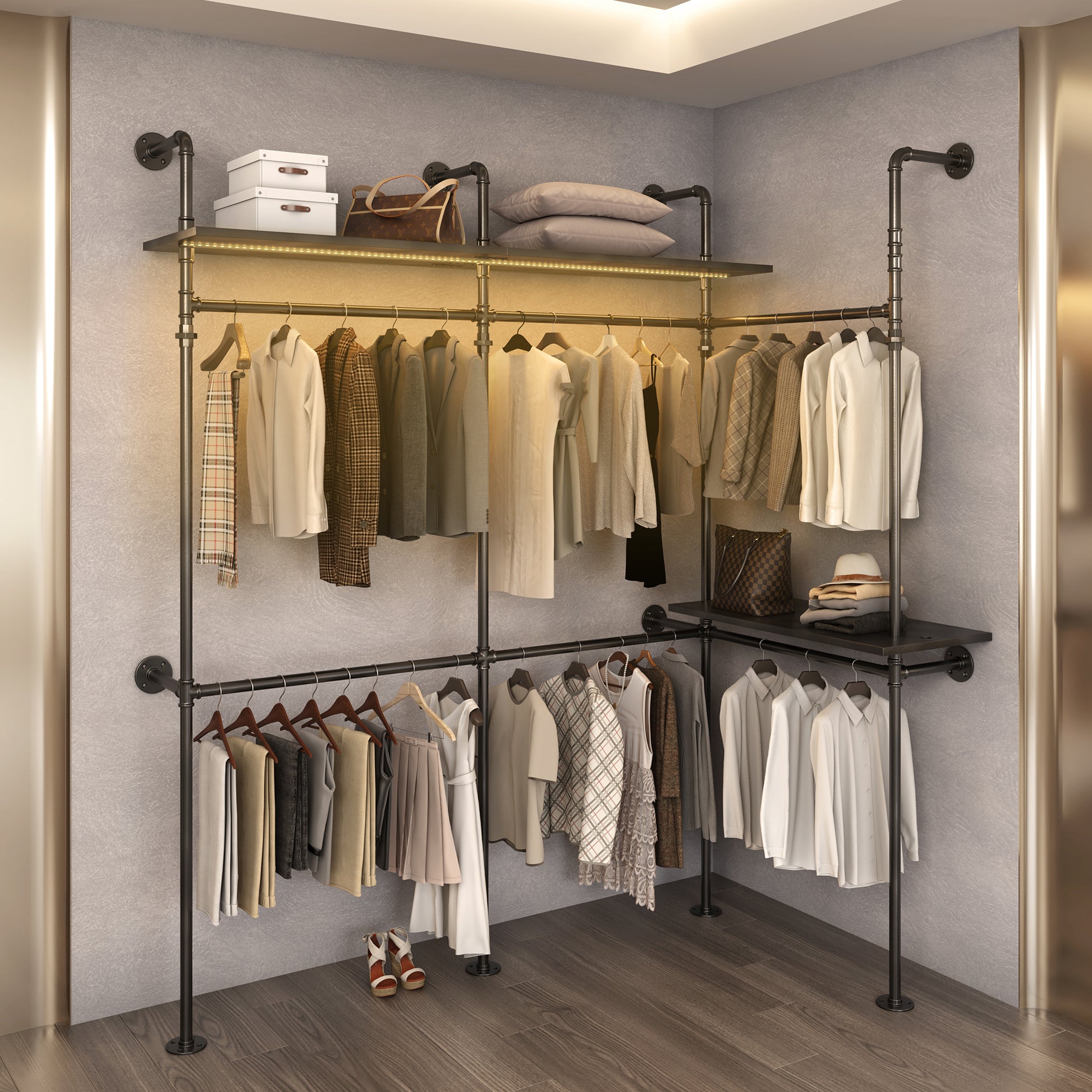 Industrial pipe clothing rack with organized garments