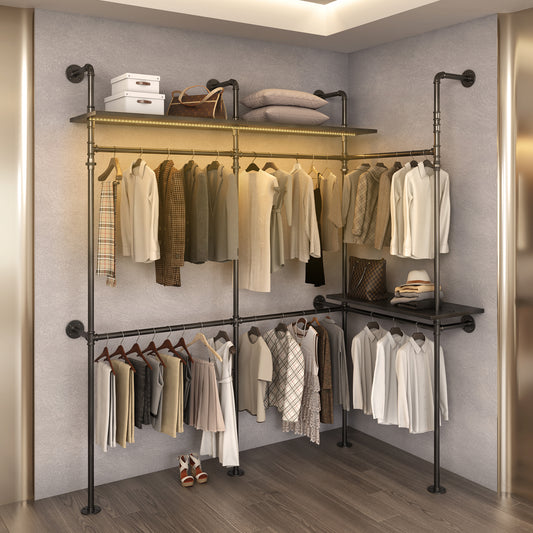 Industrial pipe clothing rack with organized garments