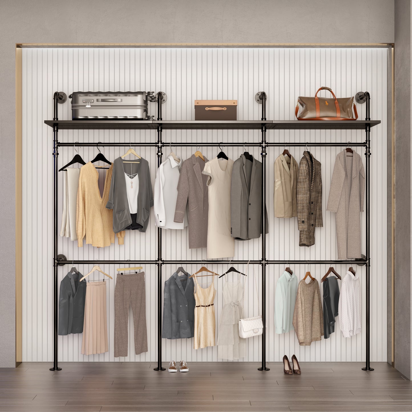 Silver wheeled suitcase with black handles on a metal shelf