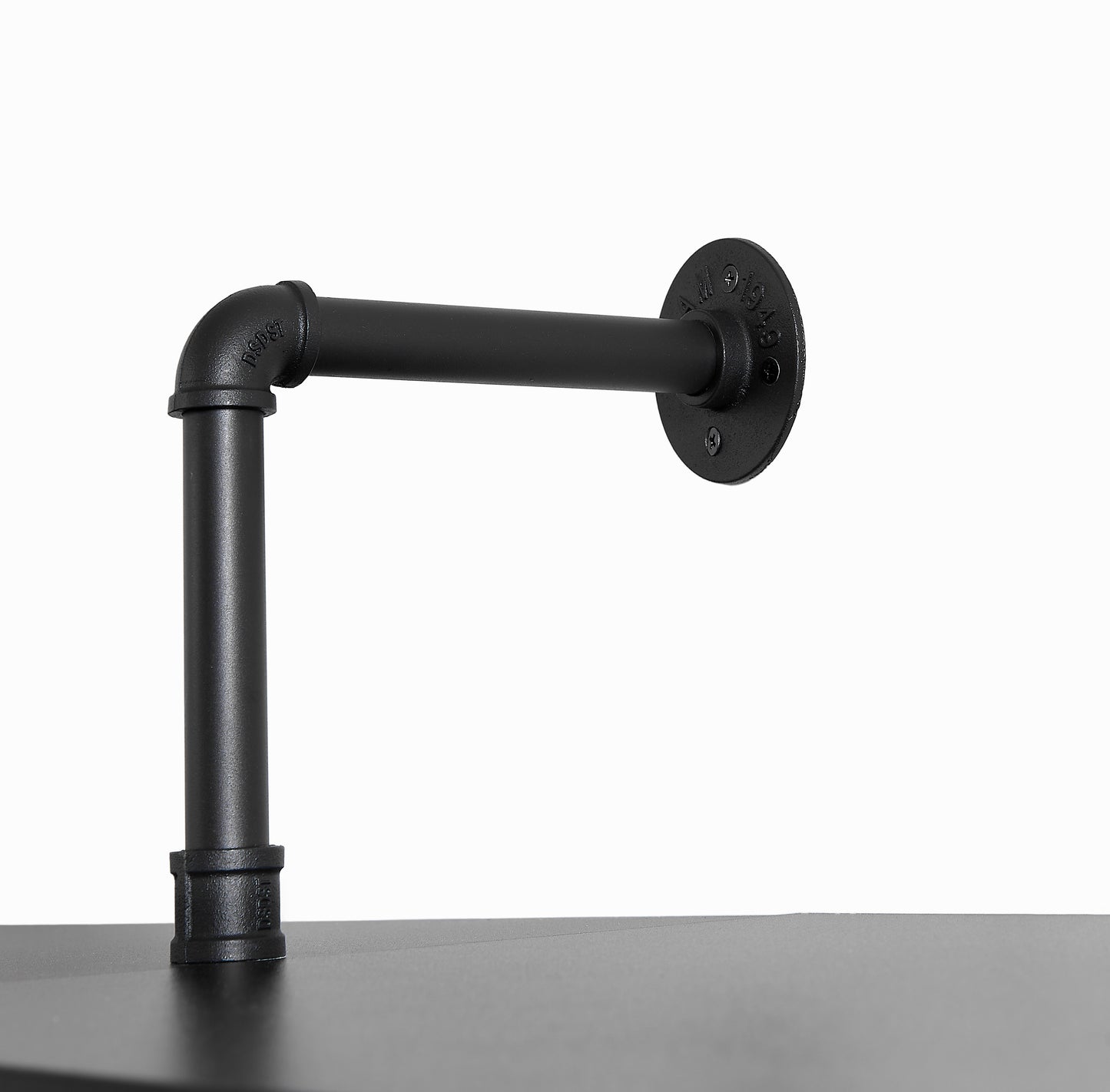 Black industrial pipe shelf bracket
