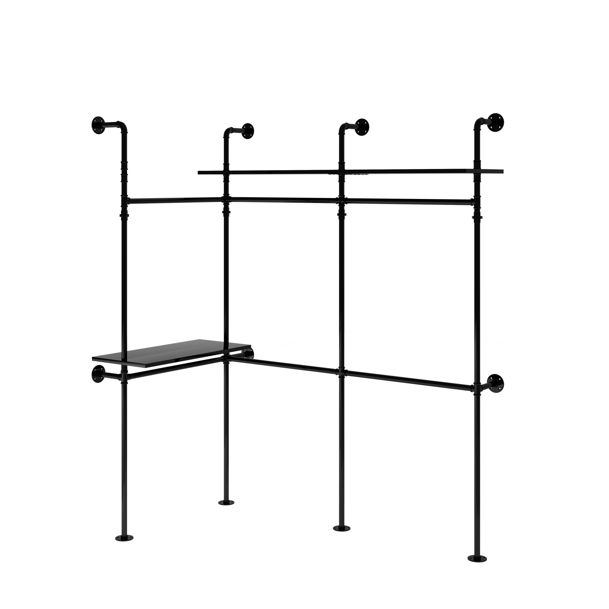 Black industrial pipe clothing rack with multiple hanging rods and a shelf
