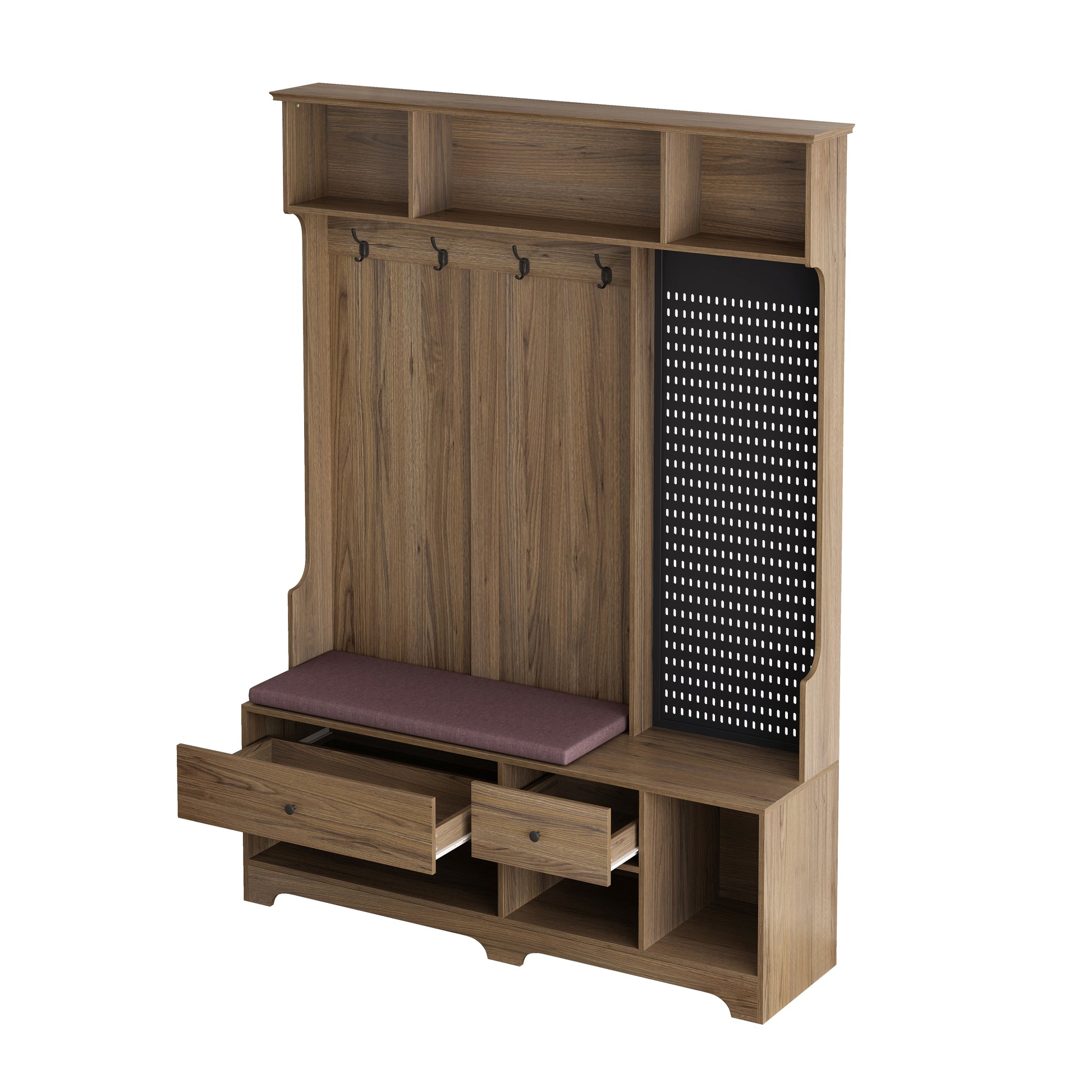 Wood hall tree with bench and storage drawers