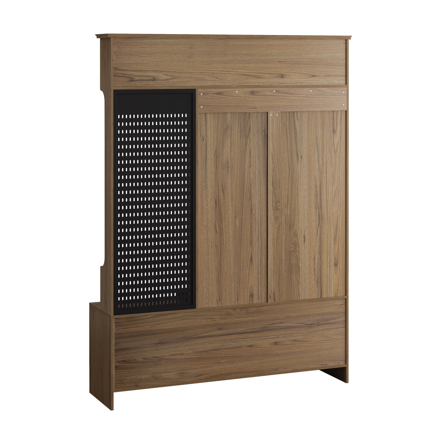 Wooden media console with pegboard and dual doors