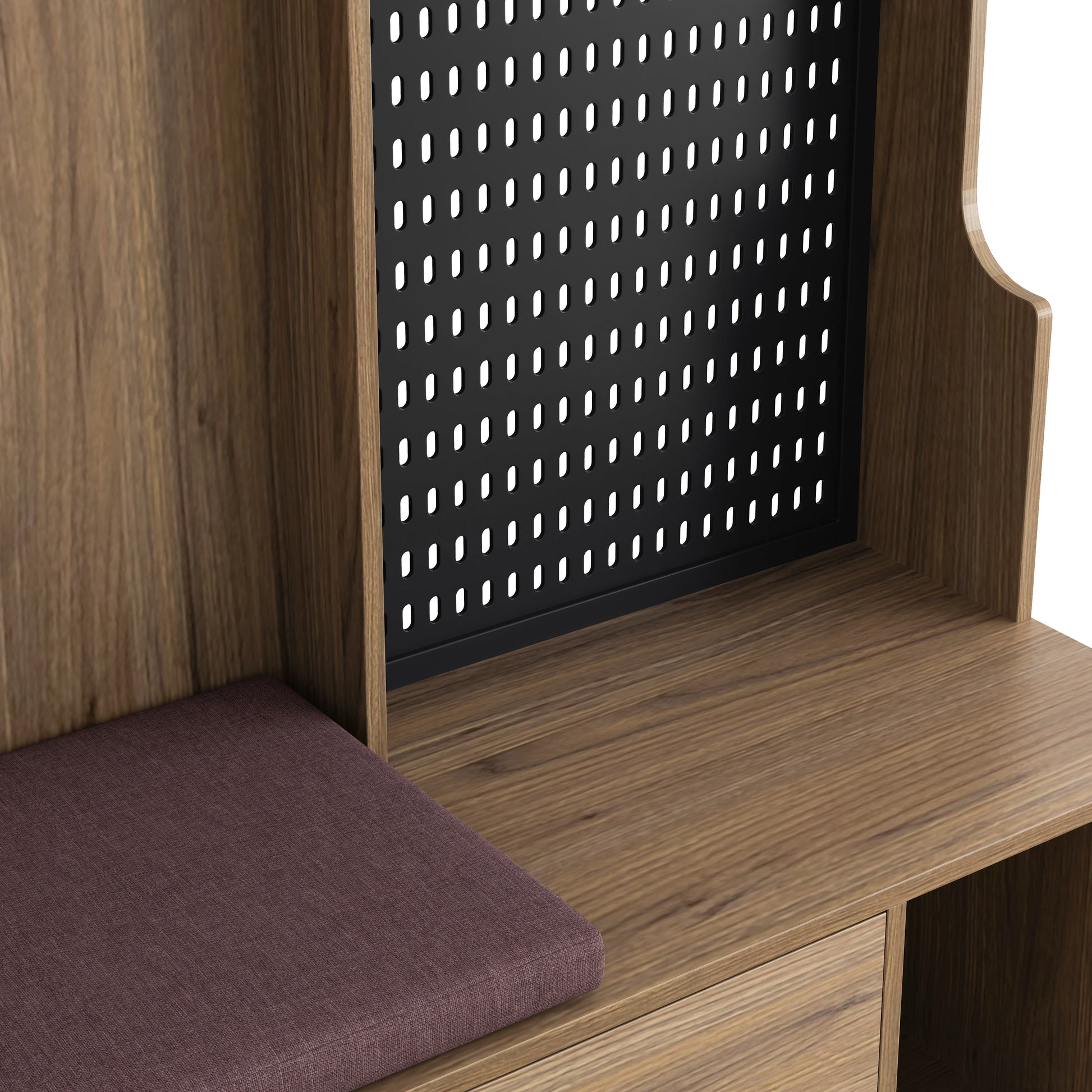 Wood grain hall tree bench with dark perforated metal back panel