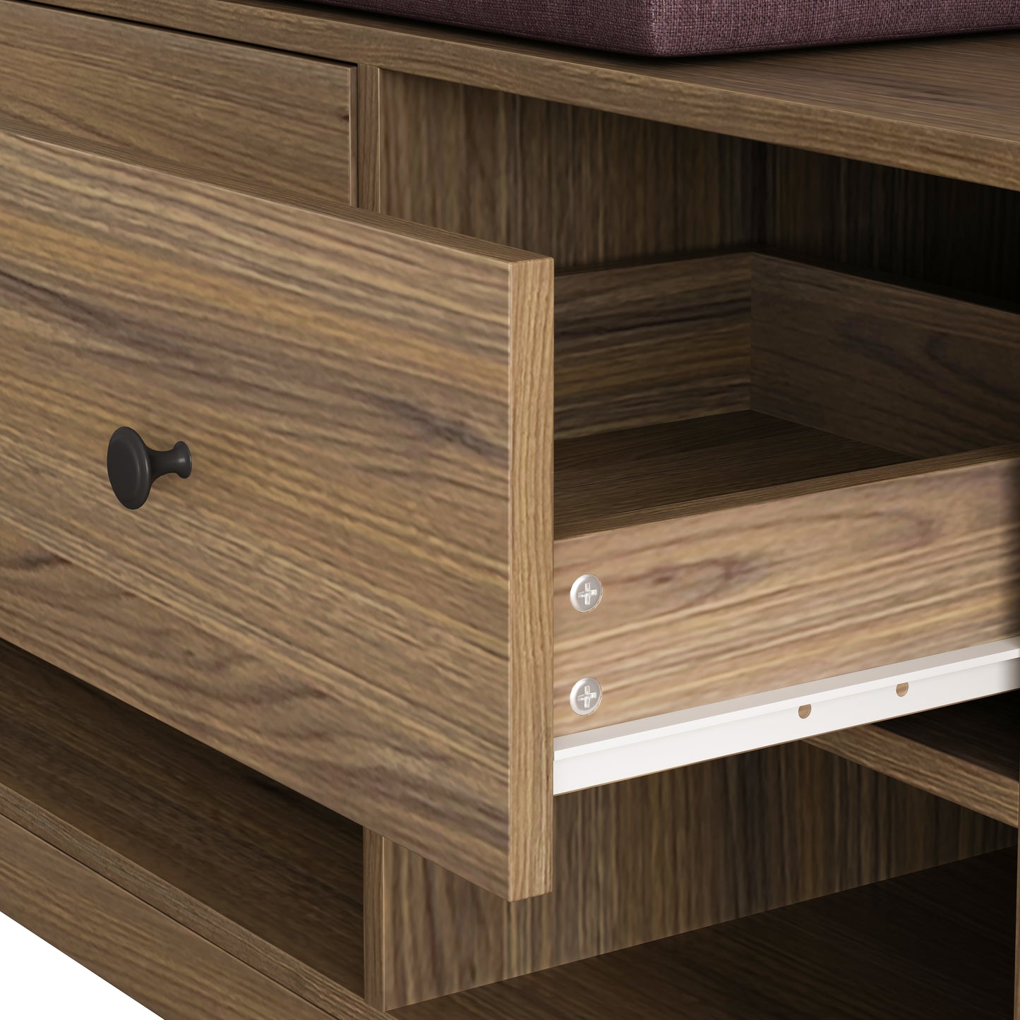 Drawer of brown wood storage bench with dark knob