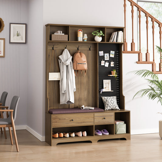 Wooden entryway bench with coat hooks and shoe storage