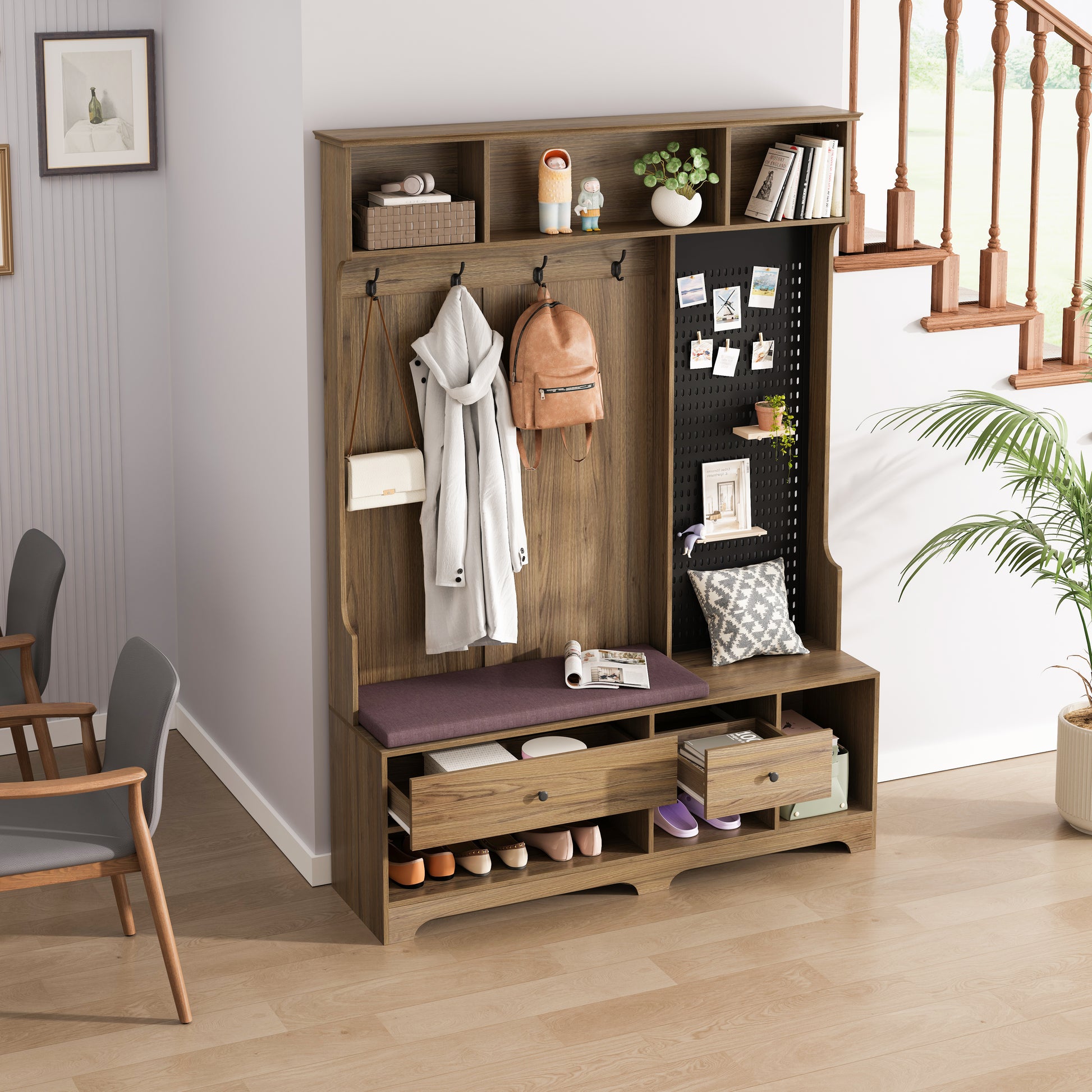 Wooden entryway bench with coat hooks and storage drawers