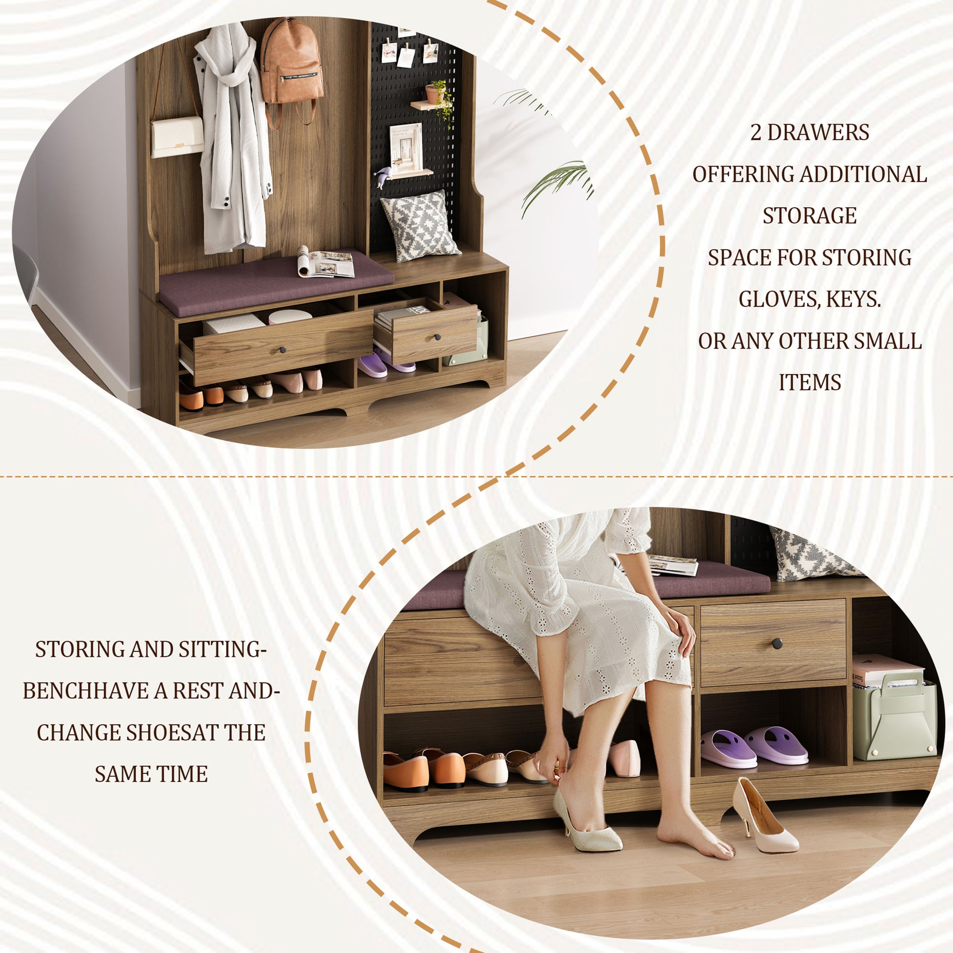 Wooden entryway bench with coat hooks and shoe storage
