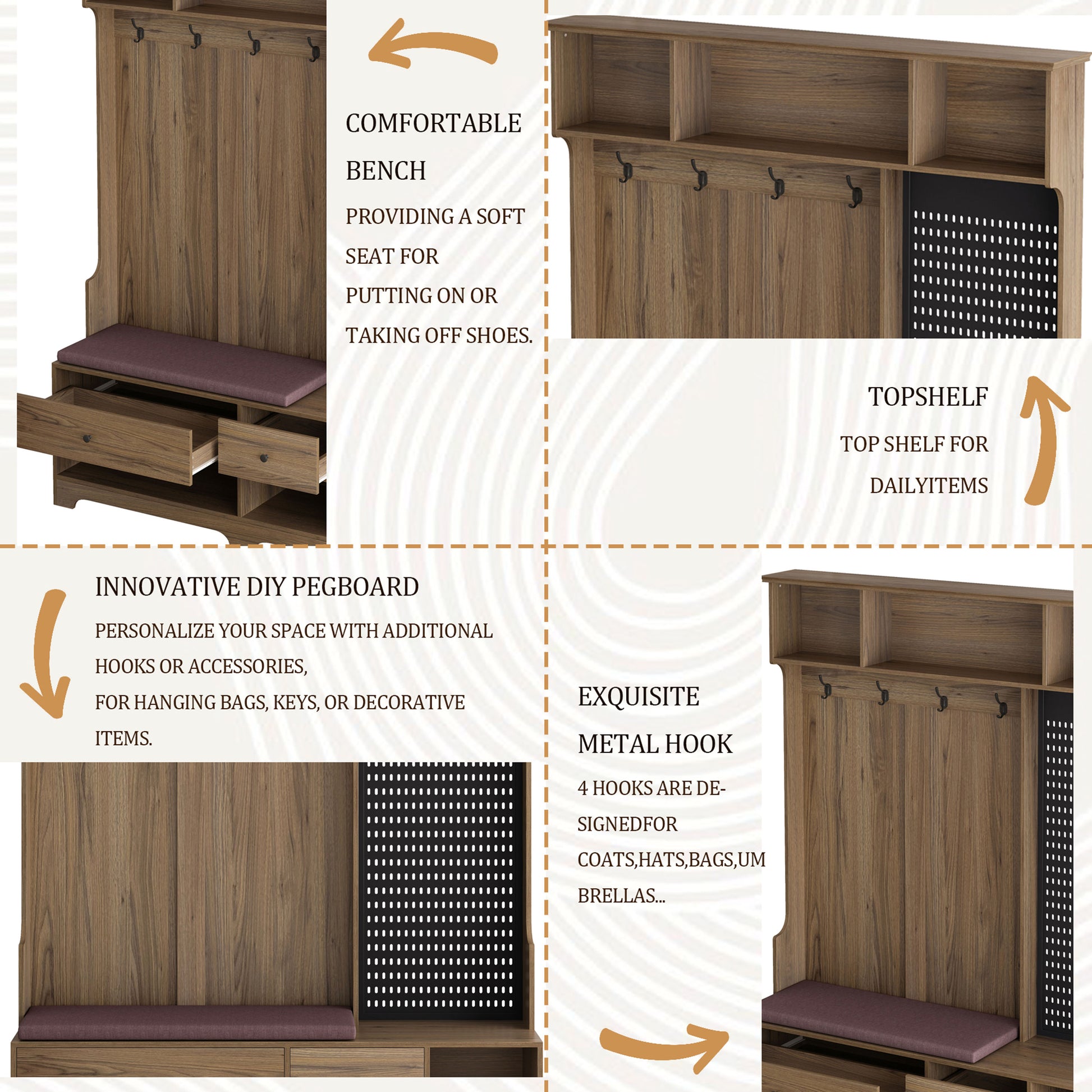 Wood entryway bench with burgundy cushion and two open drawers  characters