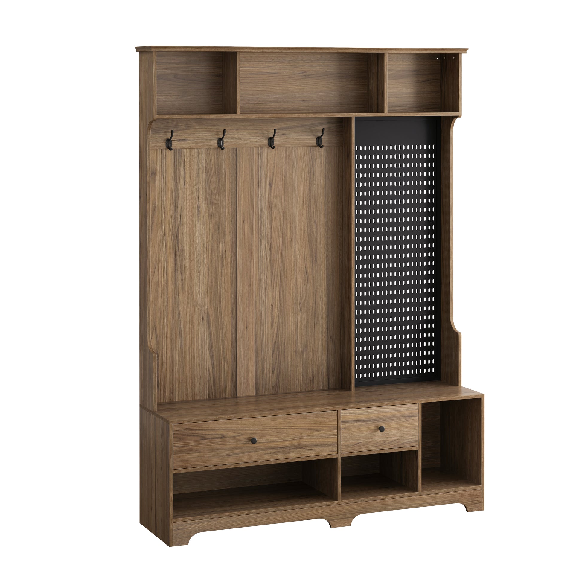 Rustic brown wood hall tree with coat hooks and storage shelves