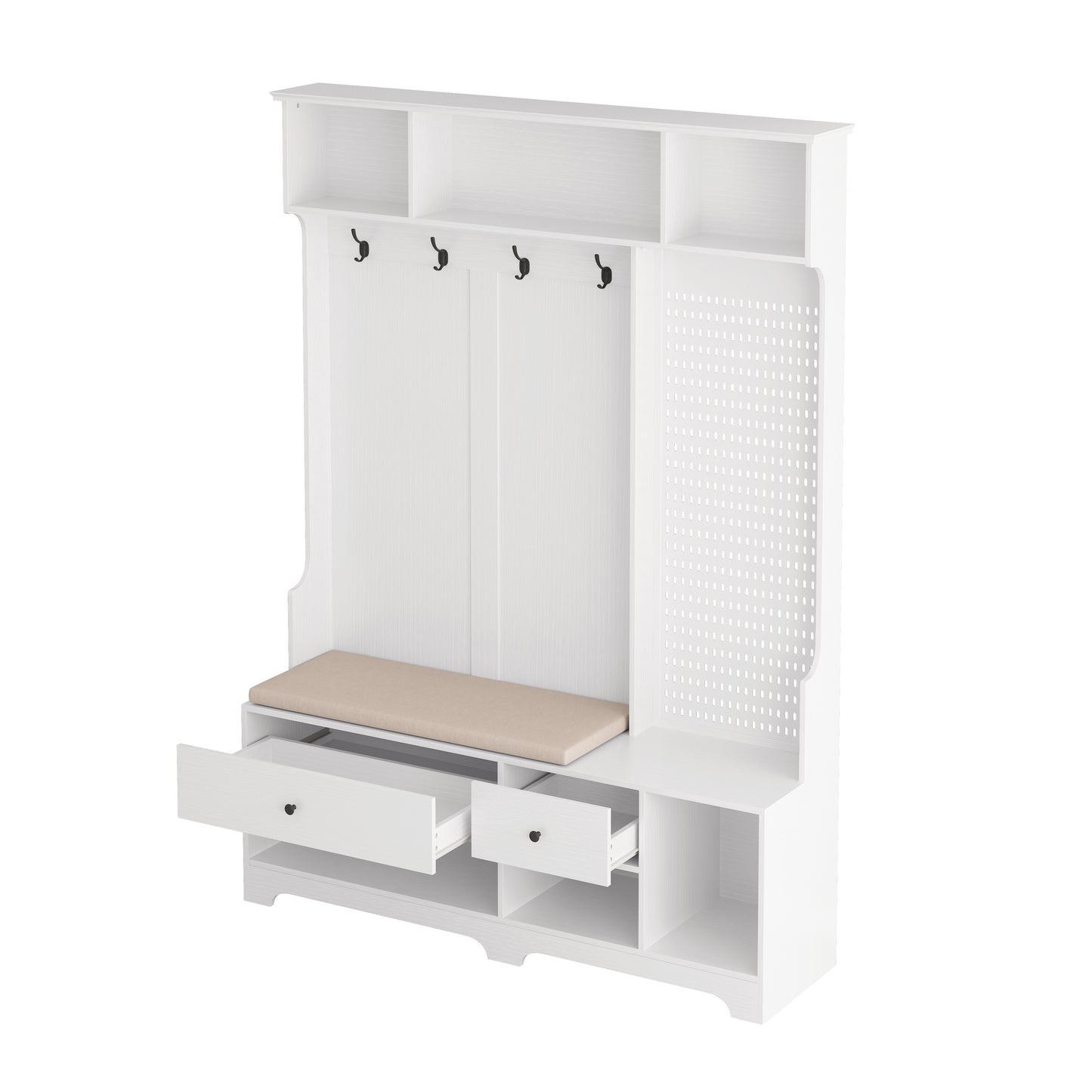White entryway bench with storage coat hooks and shelves for hallway organization
