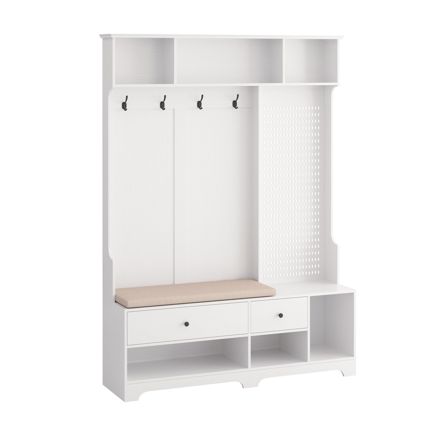 White hall tree with bench and hooks
