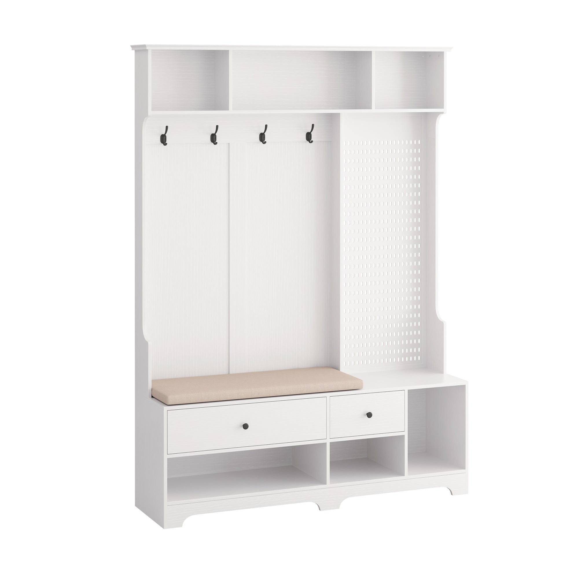 White hall tree with bench and hooks