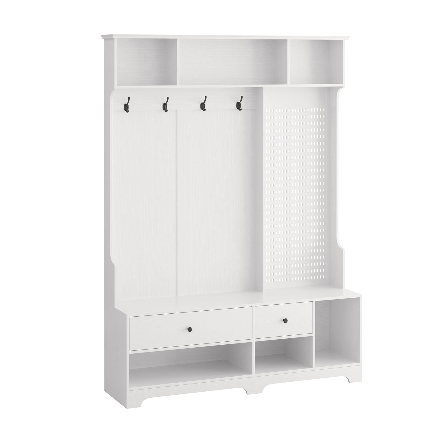 White wood entryway bench with two drawers and open shelving