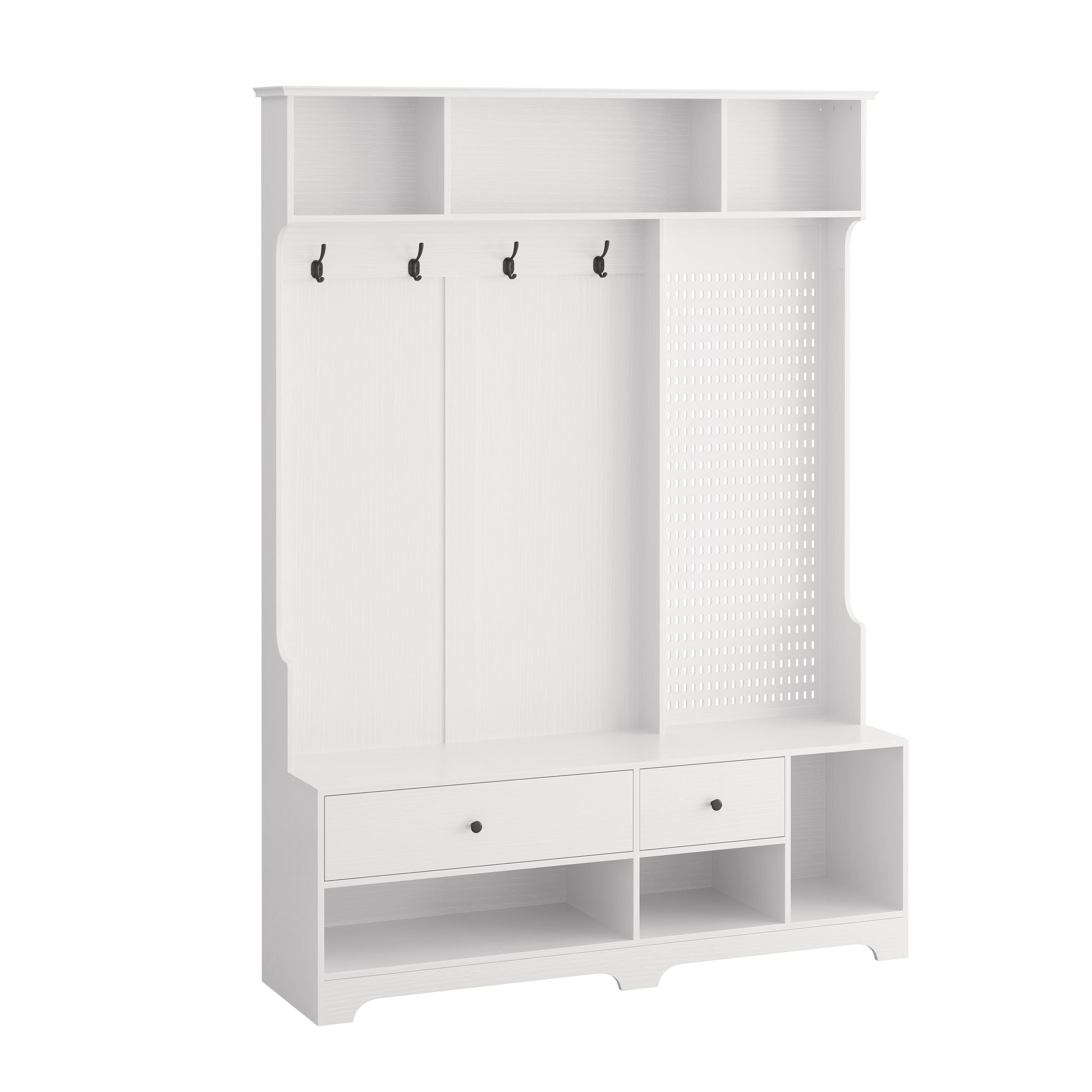 White wood entryway bench with two drawers and open shelving