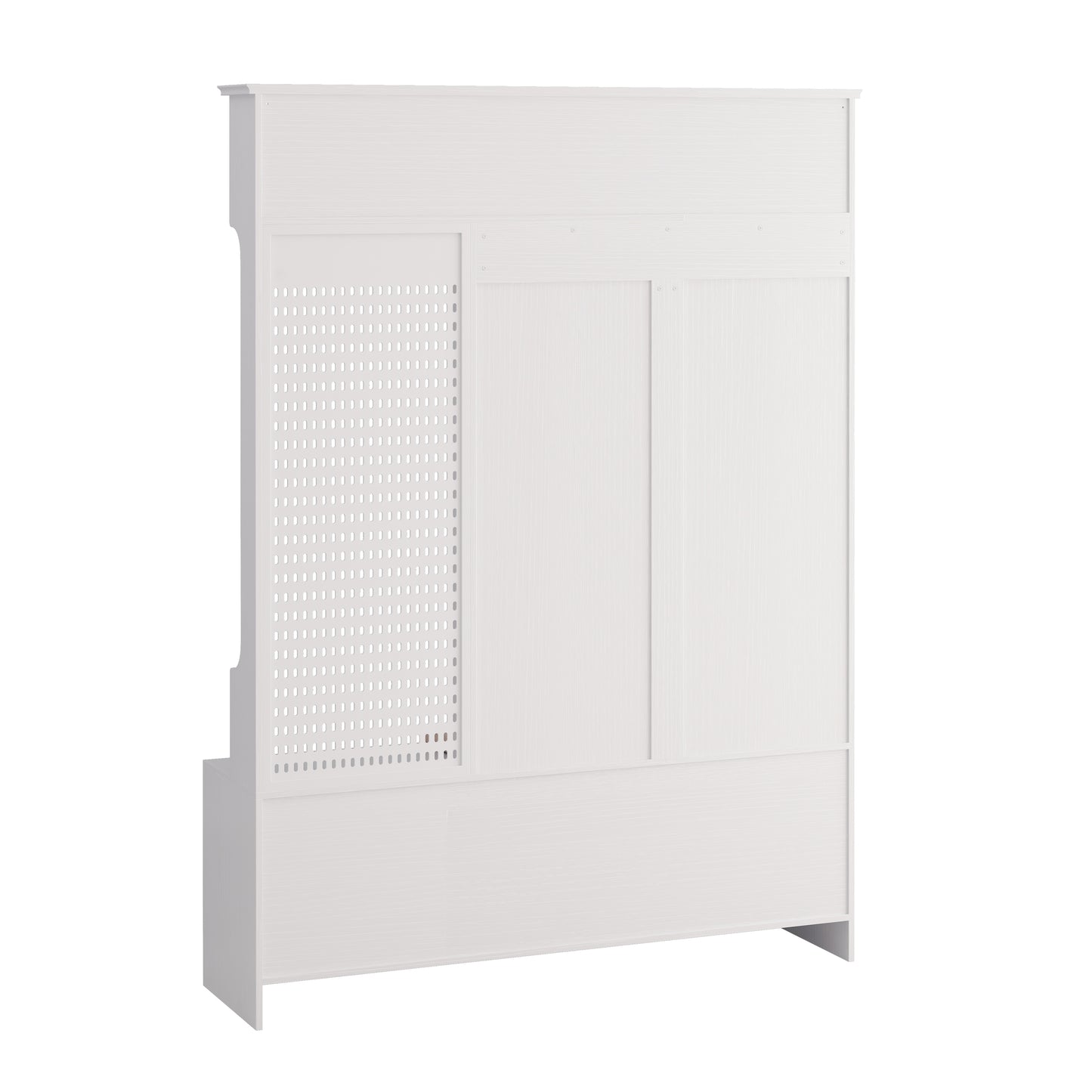 White entryway hall tree with pegboard accent