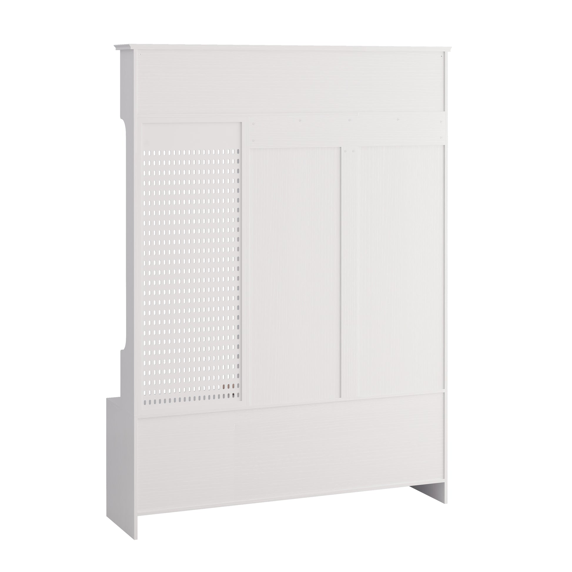 White entryway hall tree with pegboard accent