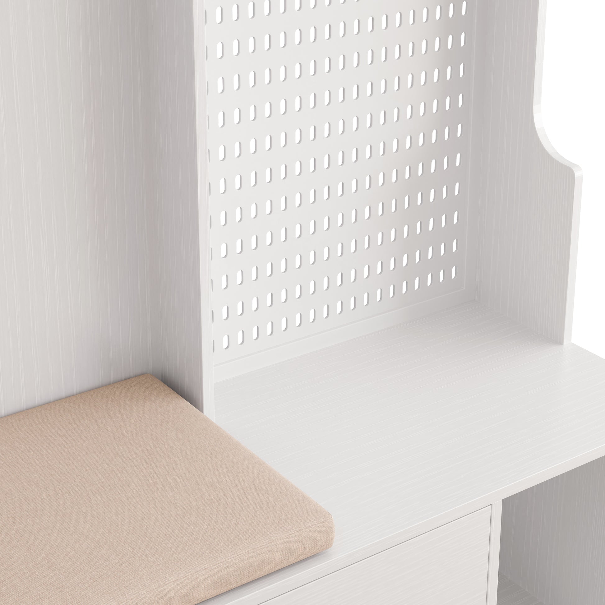 White hall tree bench with beige upholstered seat and pegboard back
