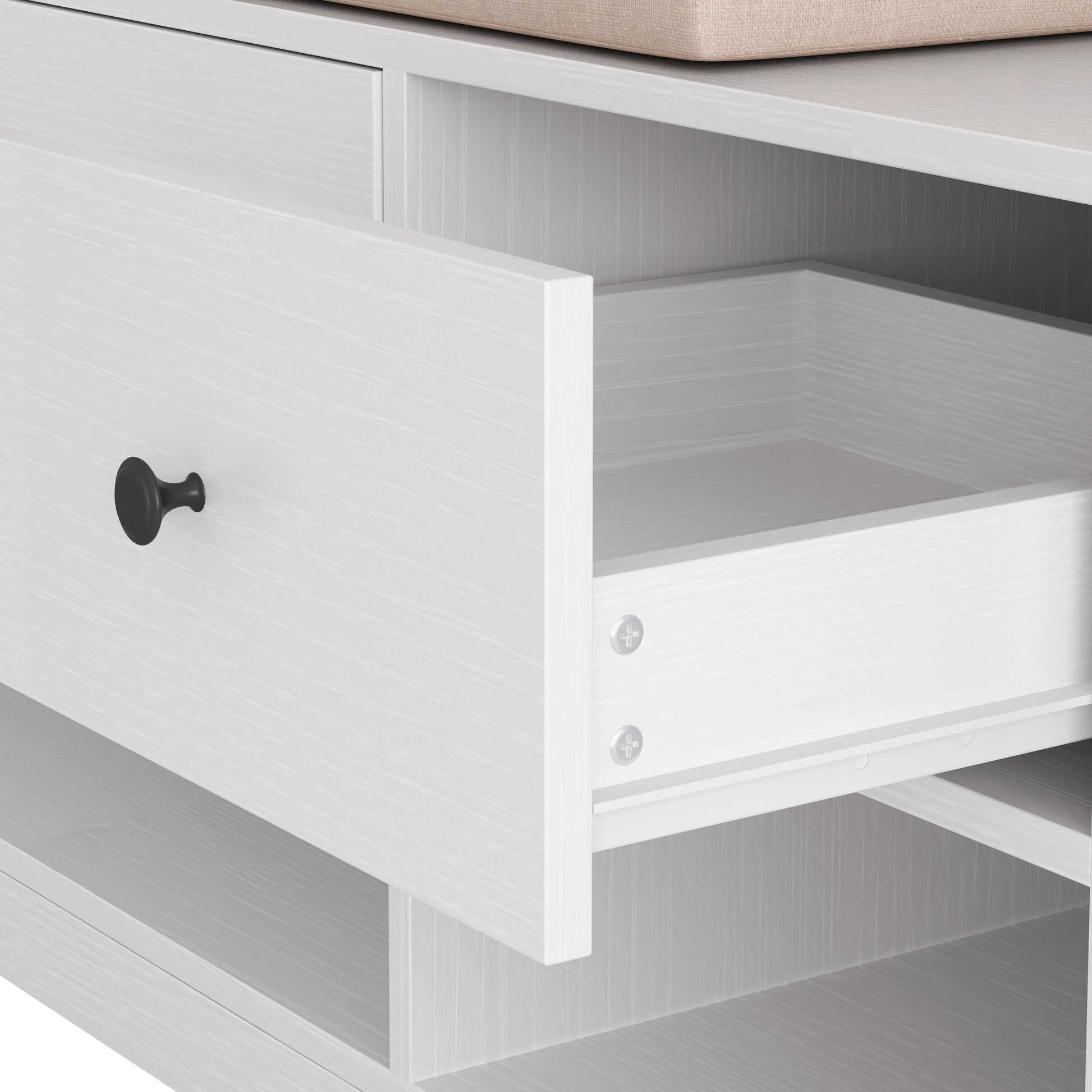 White wood grain entryway bench with open drawer and black knob