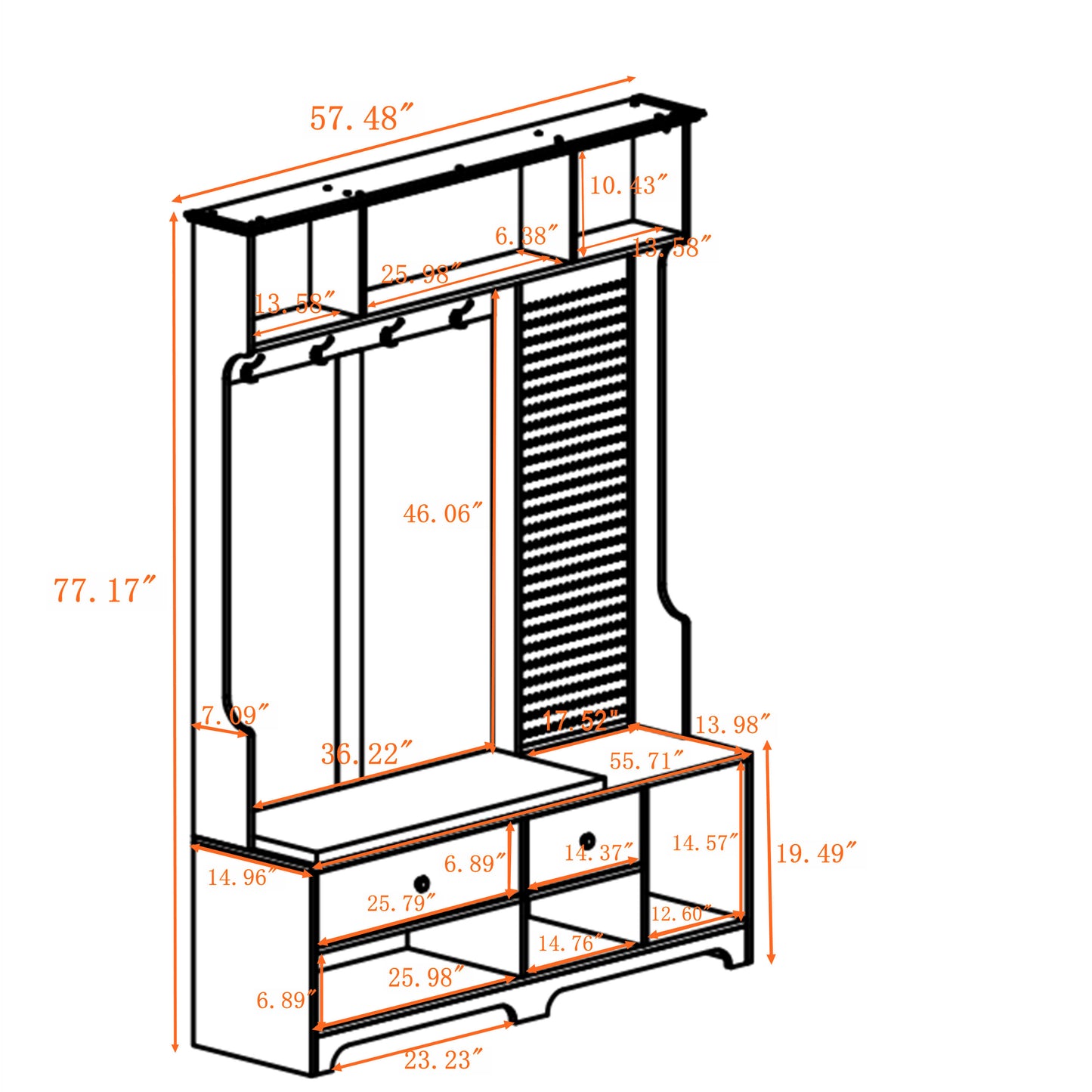 Hall tree with bench and coat hooks