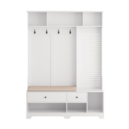 White entryway bench with coat hooks and storage