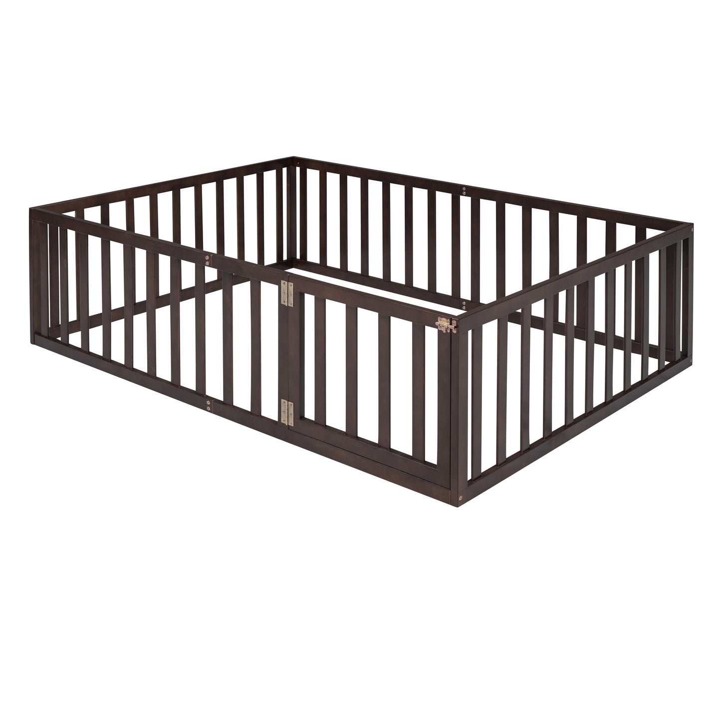 Dark brown wooden pet playpen with gate and vertical slats