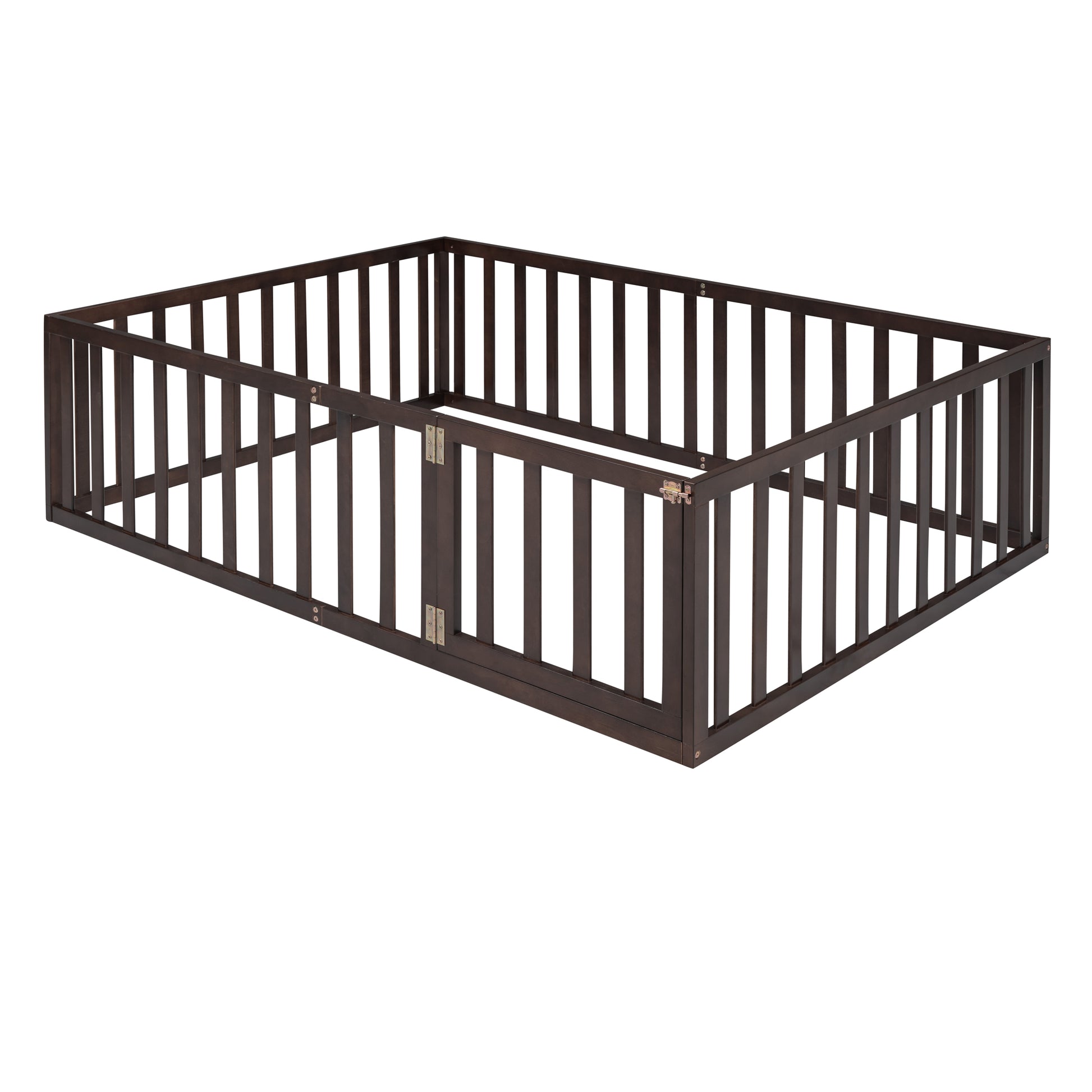 Dark brown wooden pet playpen with gate and vertical slats
