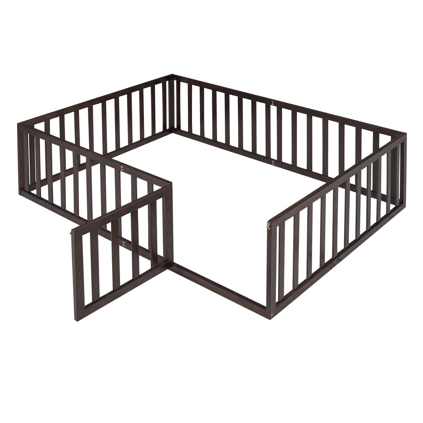 Dark brown wooden playpen with open gate