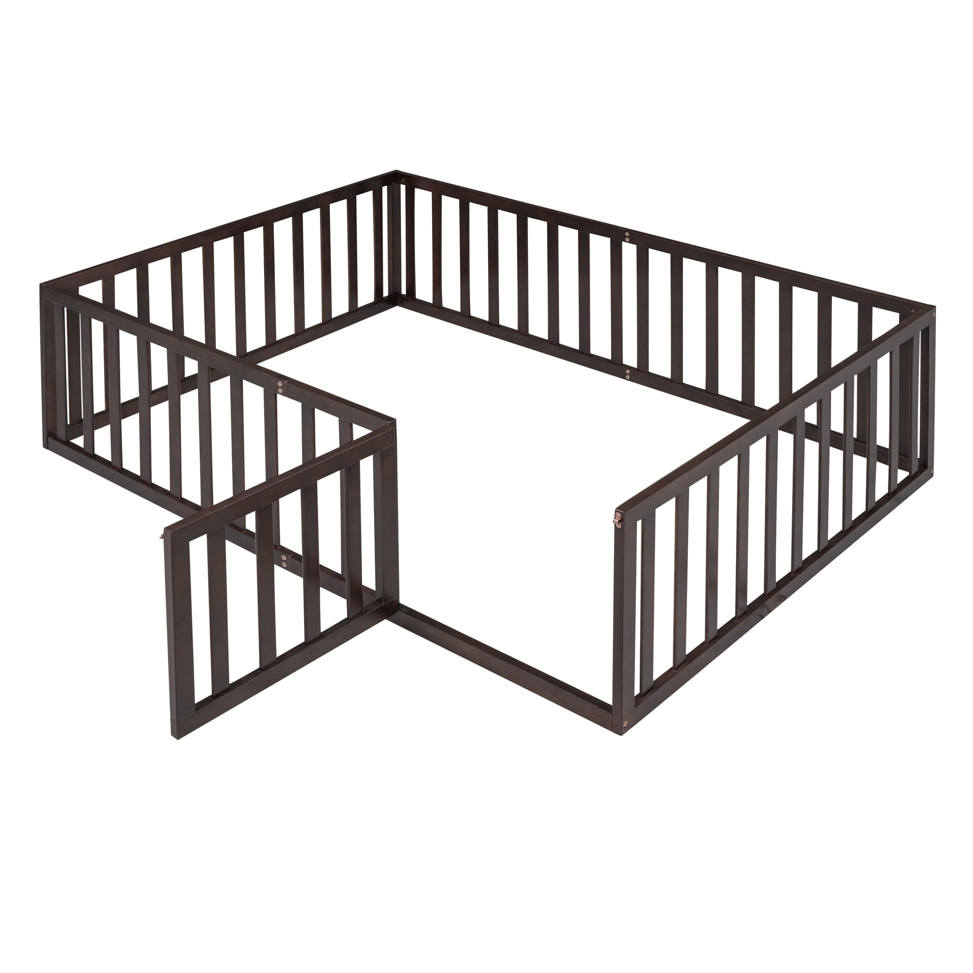 Dark brown wooden playpen with open gate