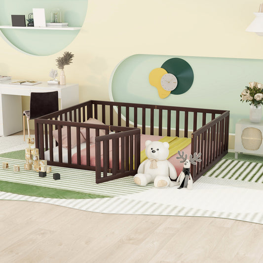 Dark brown wooden baby playpen with soft pink and yellow bedding