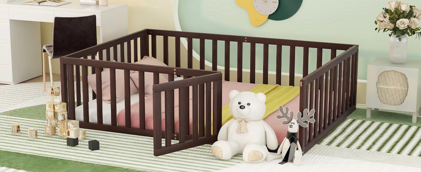 Dark brown wooden toddler bed with pink bedding and plush toys inside