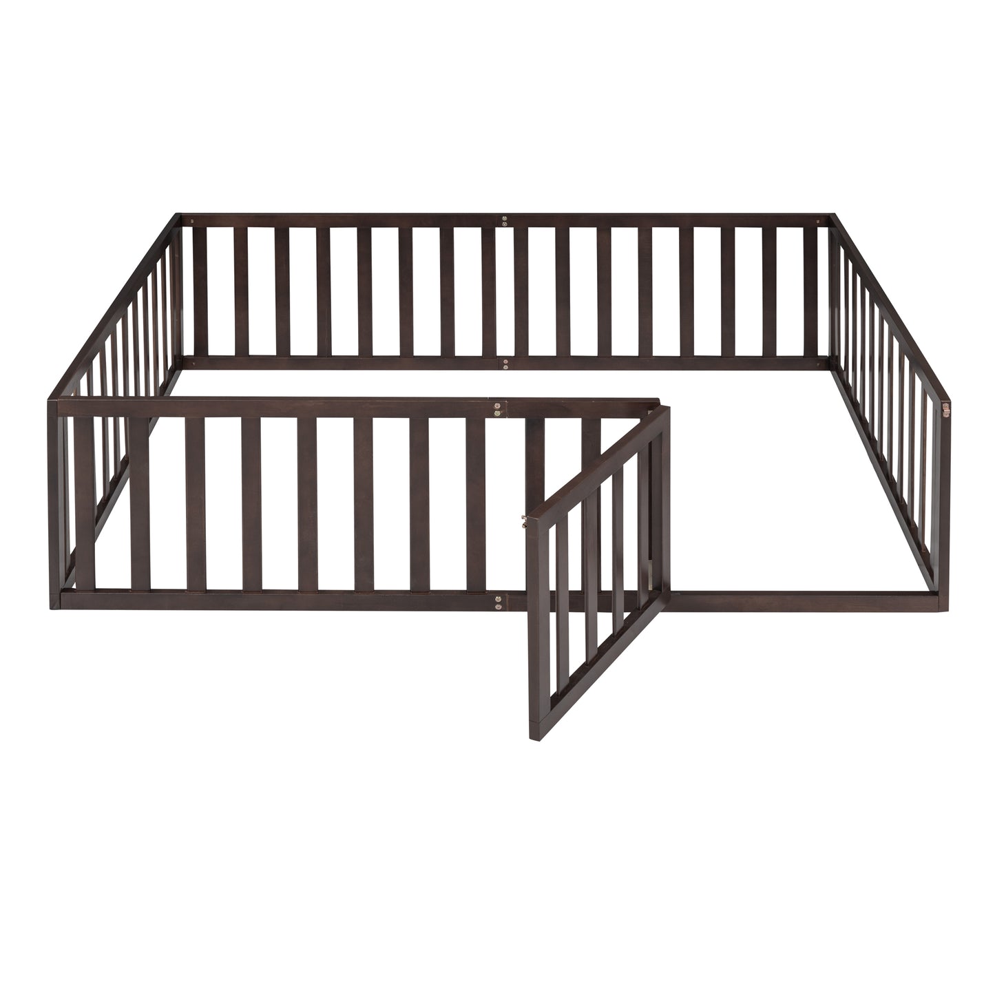 Dark brown wooden baby playpen with an open gate