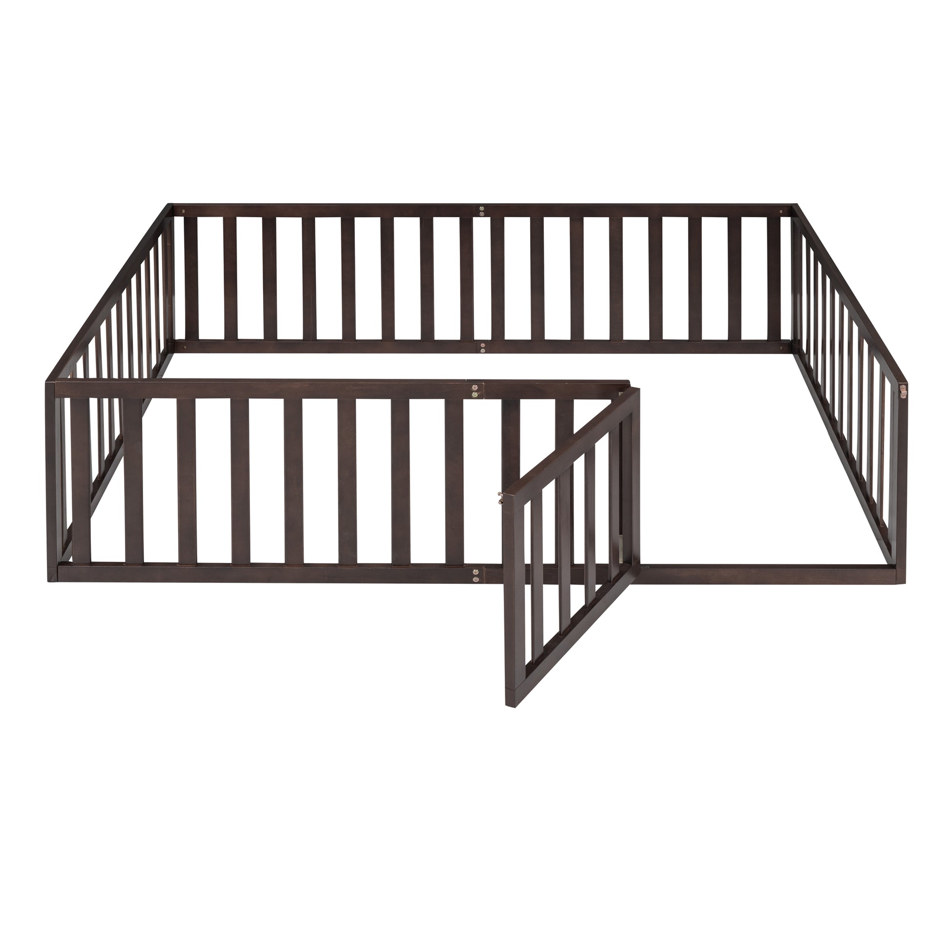 Dark brown wooden baby playpen with an open gate