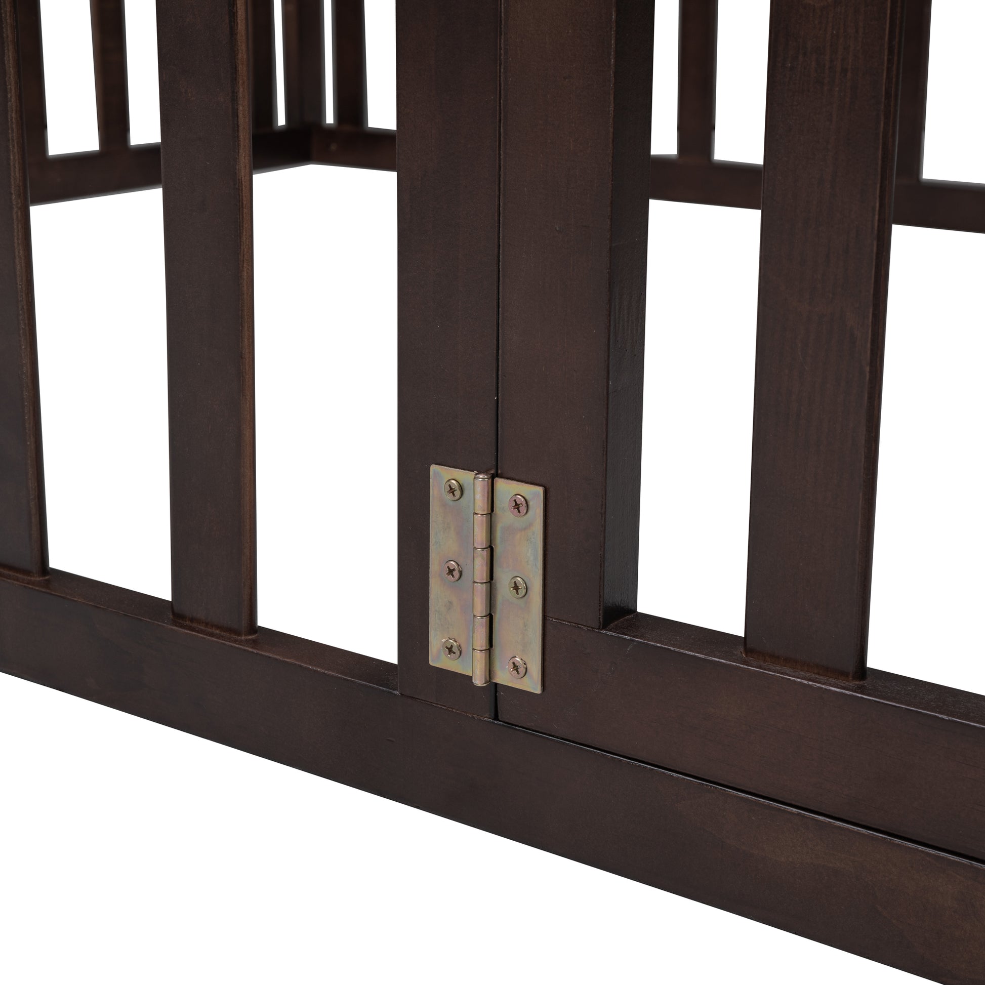 Dark brown wooden pet gate with metal hinge detail