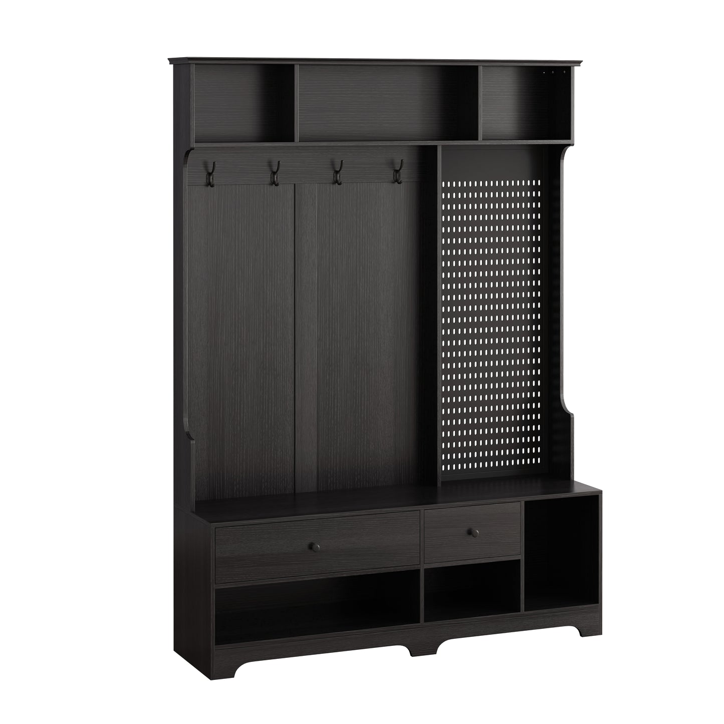Dark espresso hall tree with storage shelves and coat hooks