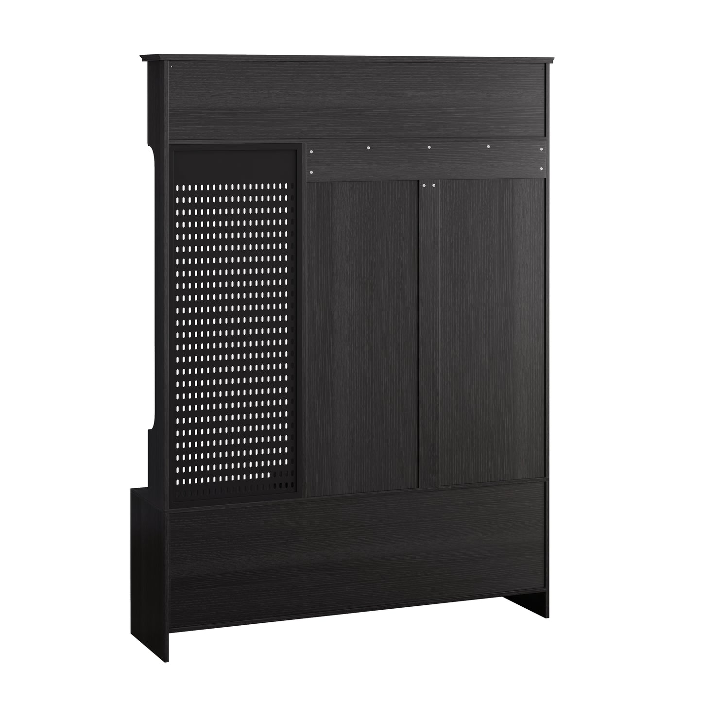 Dark wood entryway hall tree with pegboard and cabinet doors