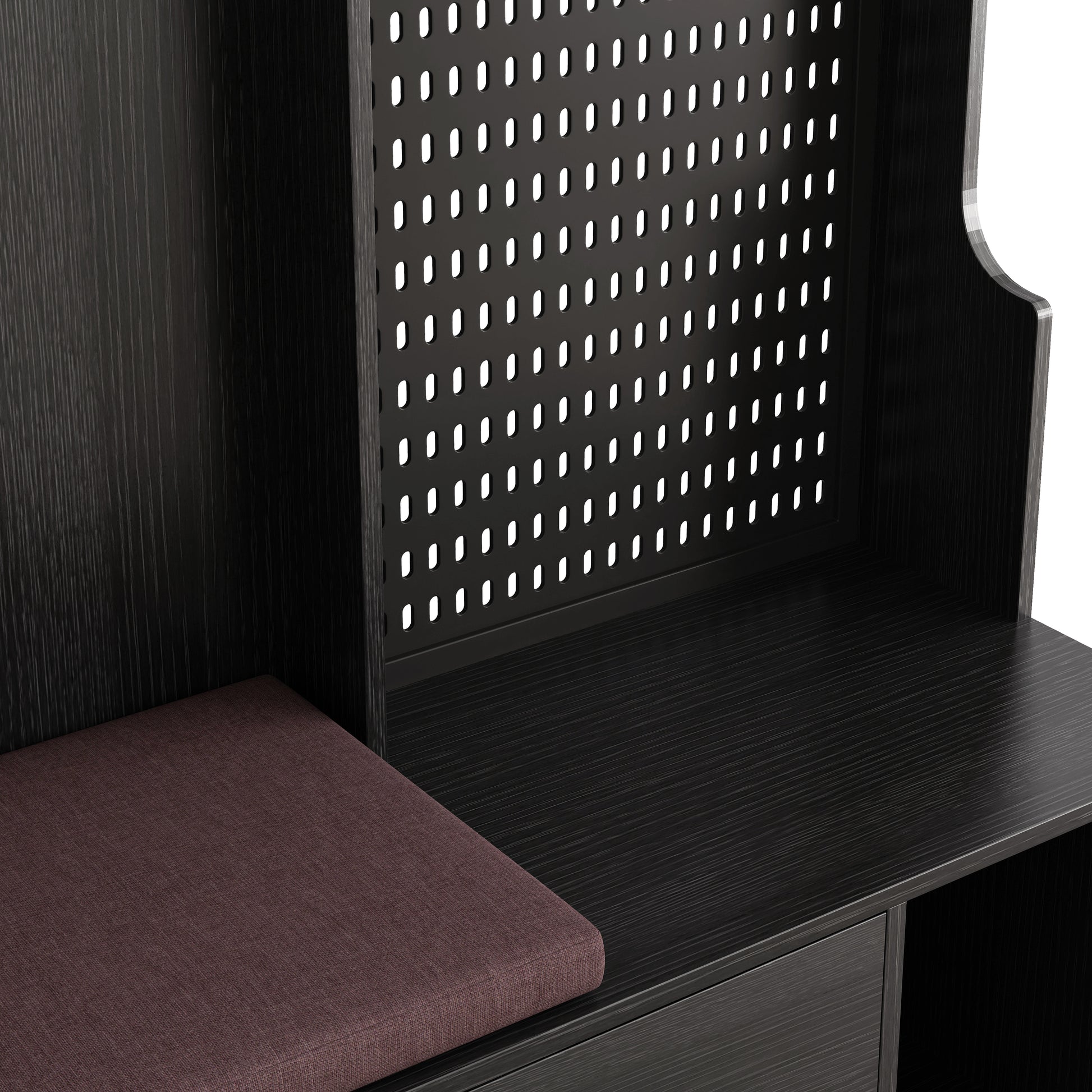 Dark wood hall tree bench with maroon cushion and perforated back panel