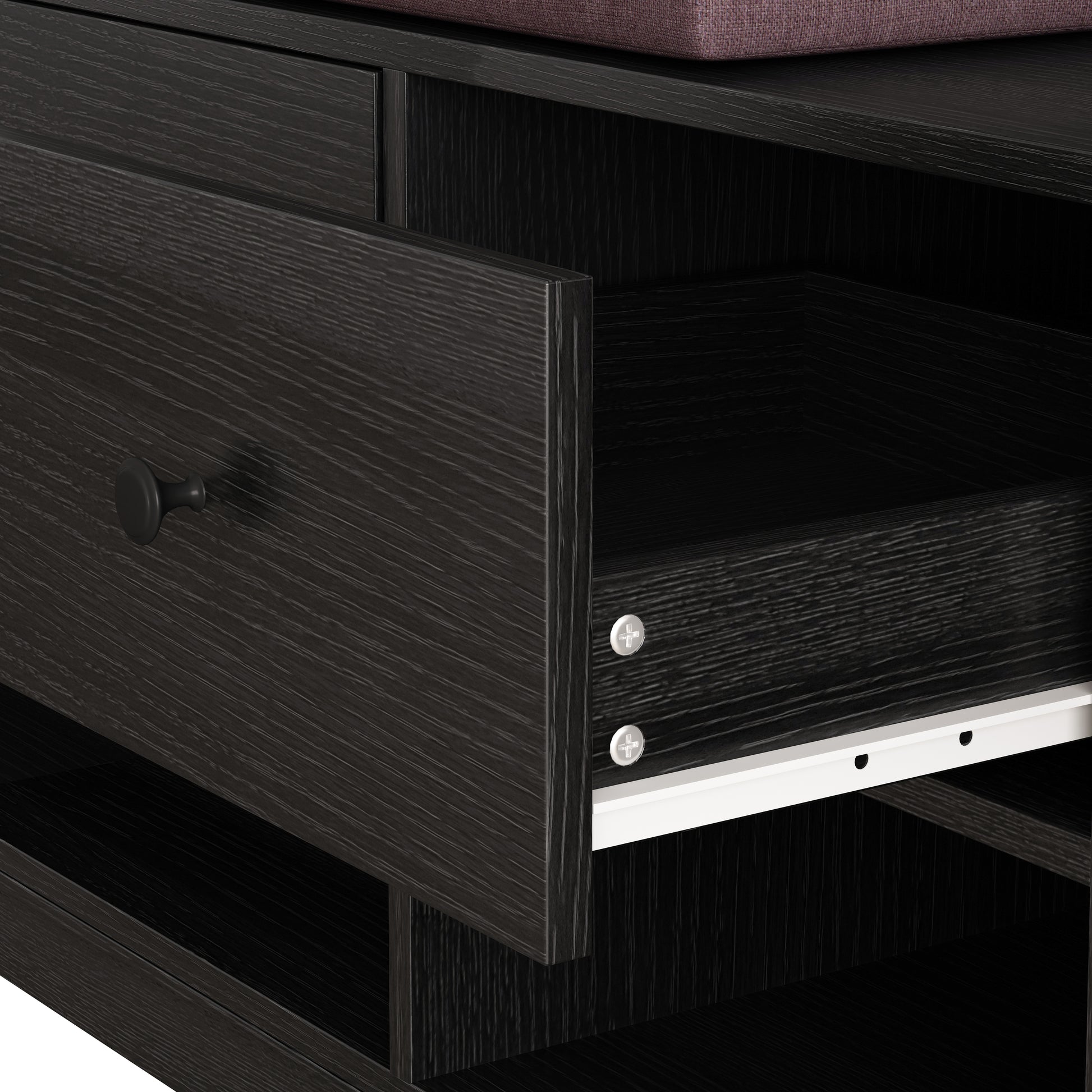 Dark espresso wood bench with open drawer