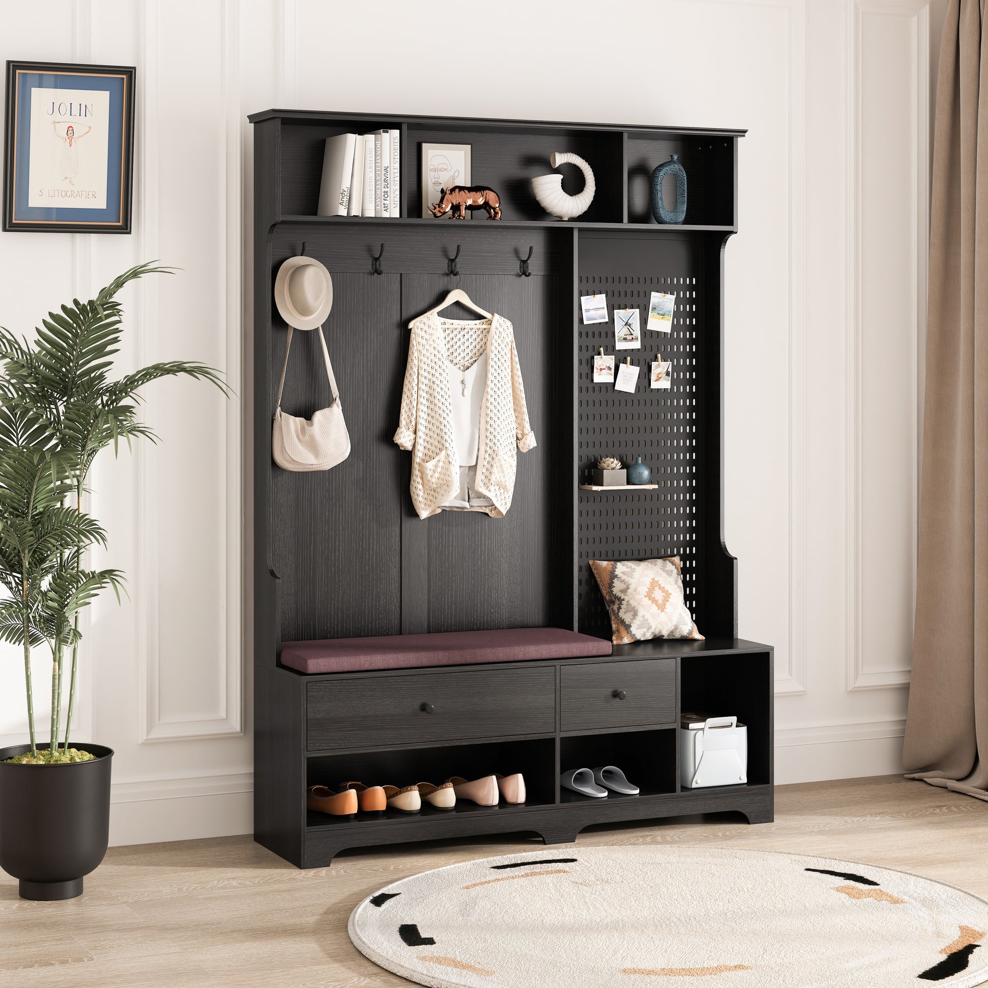 Dark wood hall tree with bench hooks and shoe storage shelf