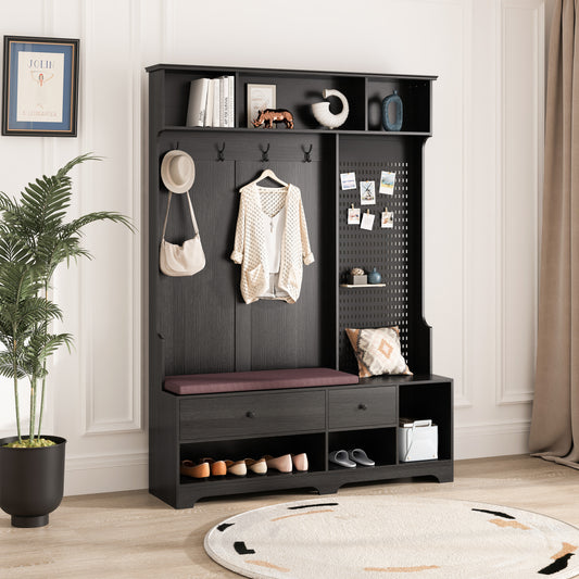 Dark wood hall tree with bench hooks and shoe storage shelf