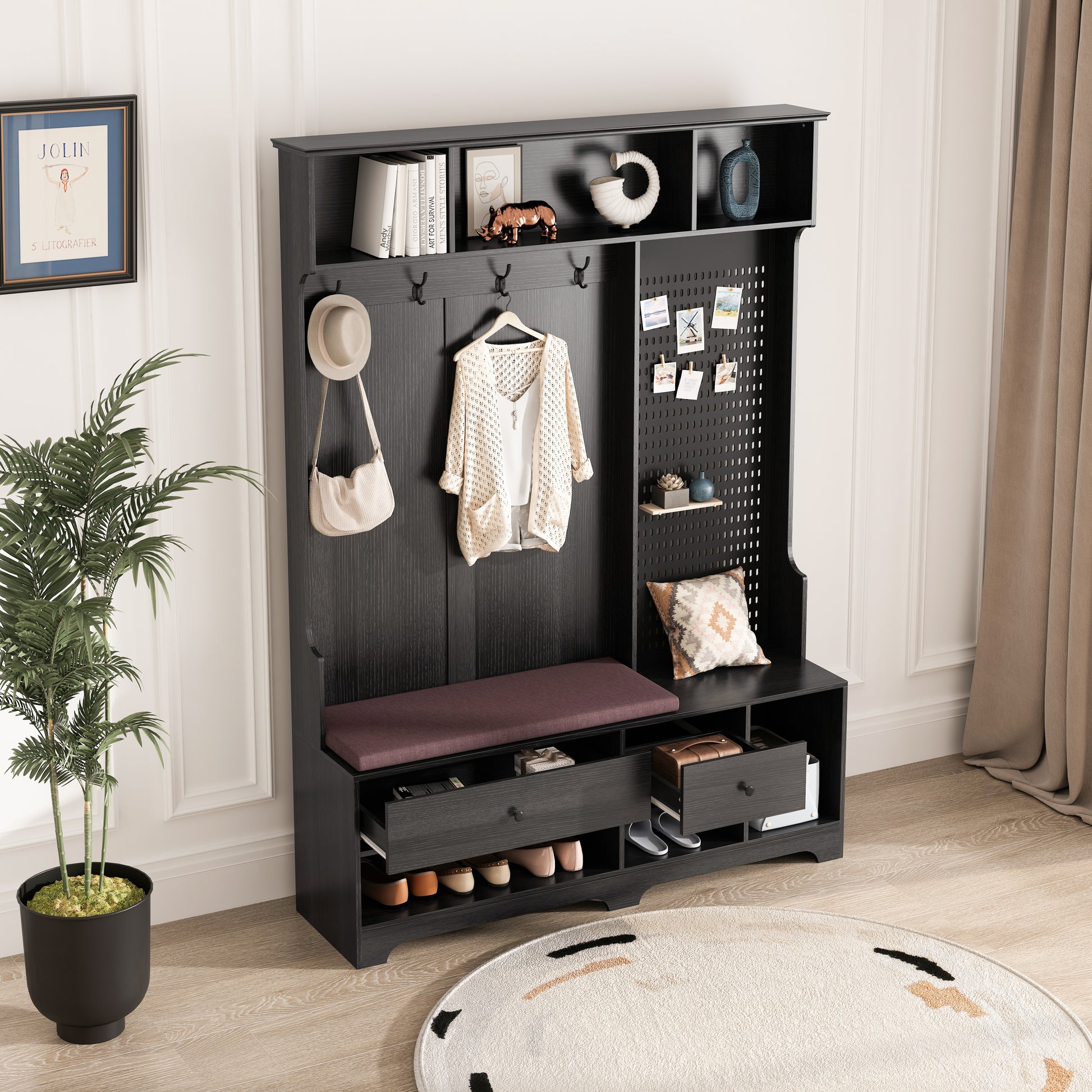 Black wooden hall tree with bench and shoe storage