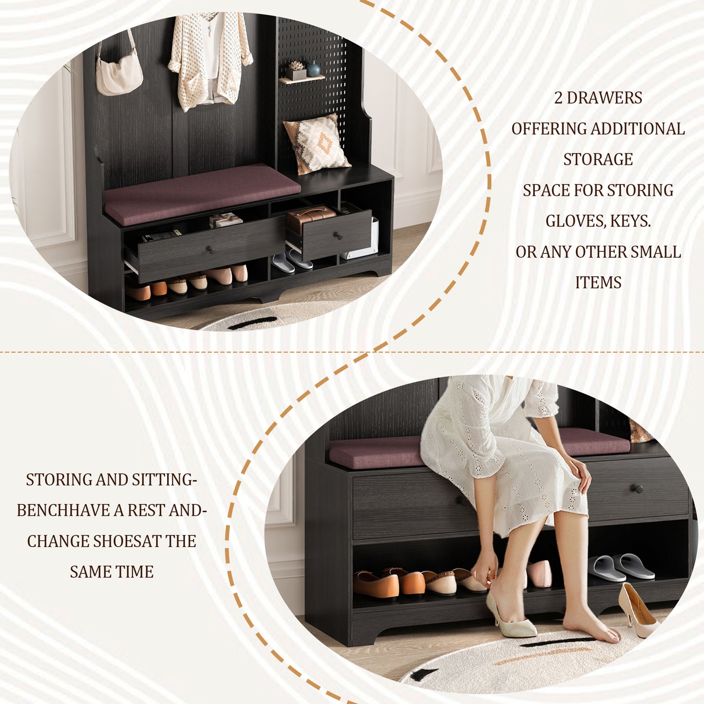 Dark wood hall tree with cushioned bench and shoe storage