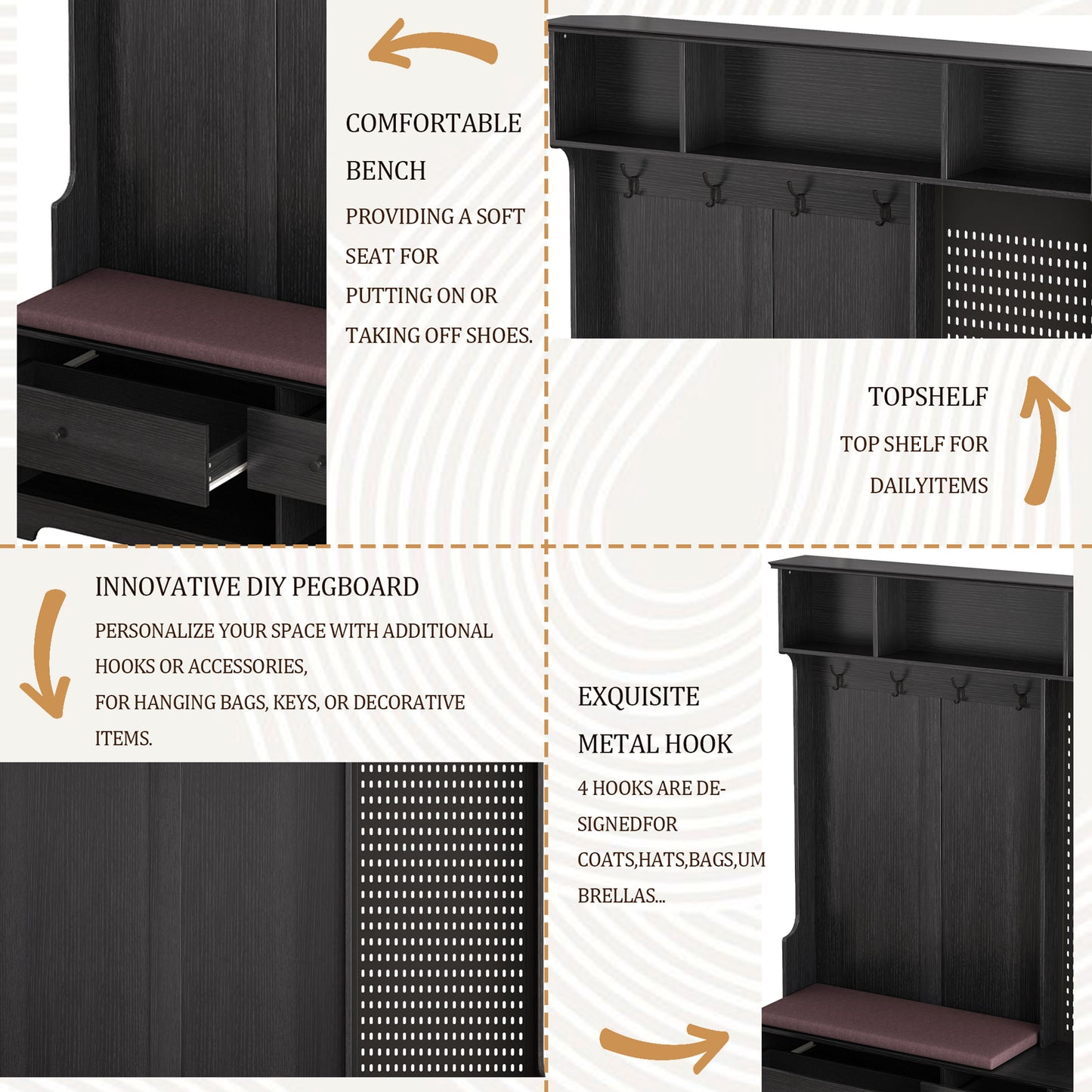 Dark wood entryway bench with storage drawers and cushioned seat